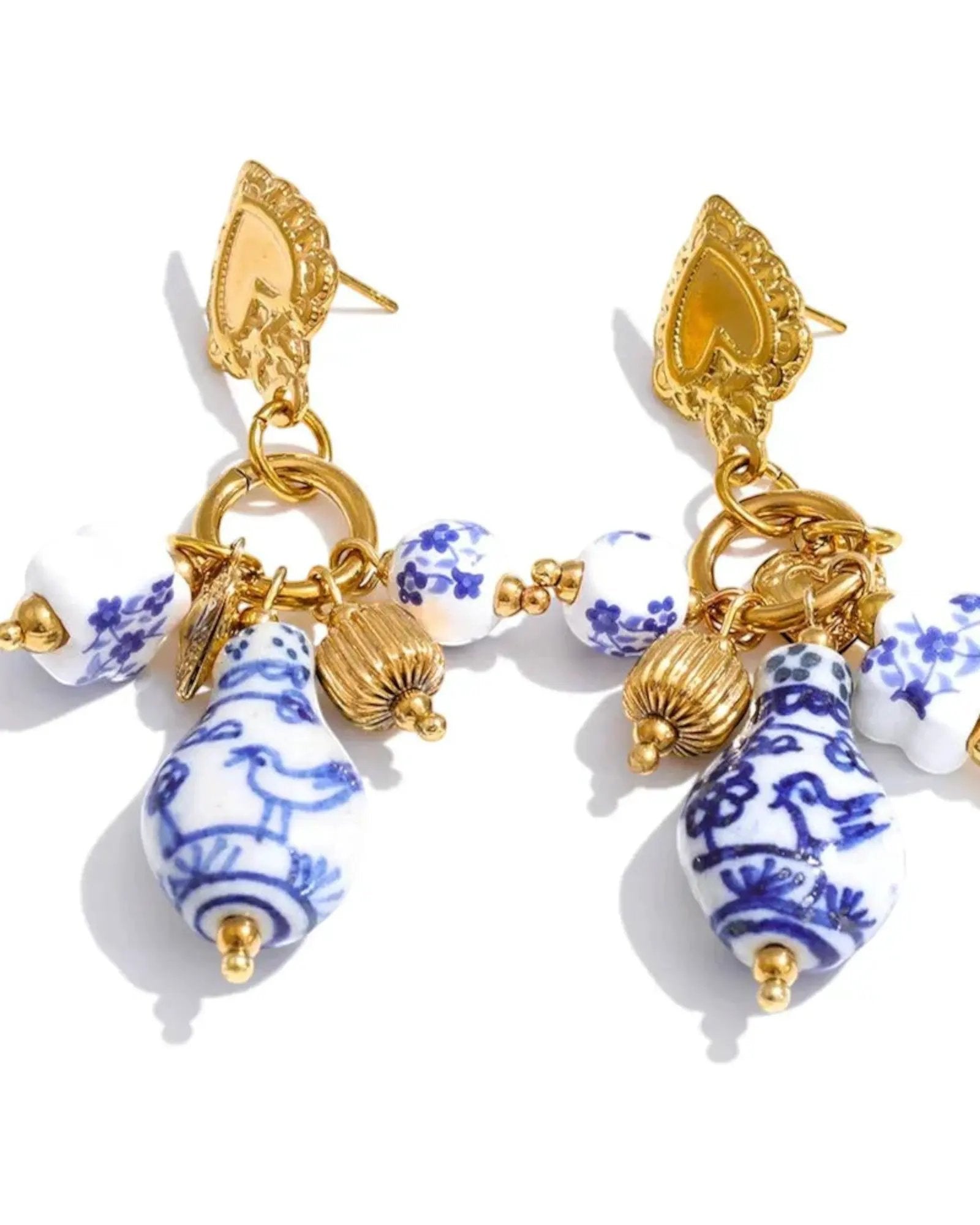 Blue And White Ceramic Flower Heart Drop 18K Gold PVD Plated Stainless Steel Earrings With Gold Charms by Poised Me Jewelry Studio