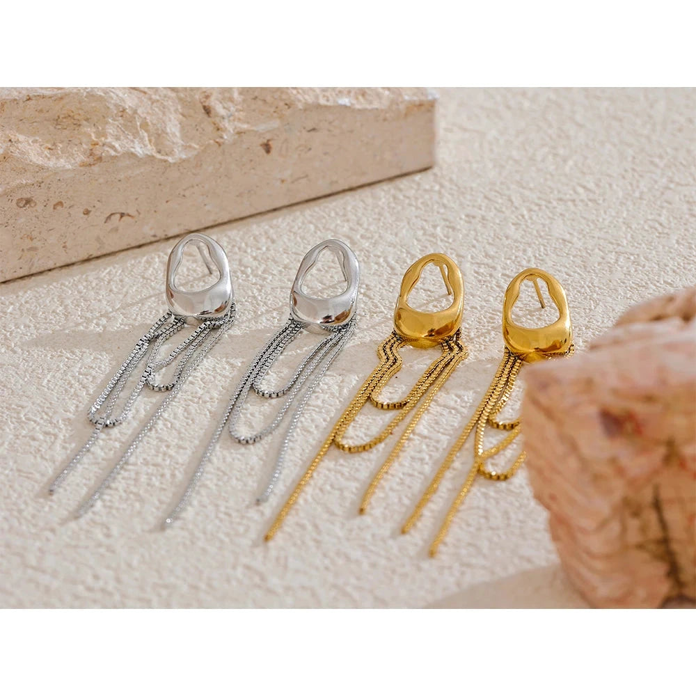 316L stainless steel geometric tassel chain drop earrings in silver and gold finishes, waterproof, gift-ready.