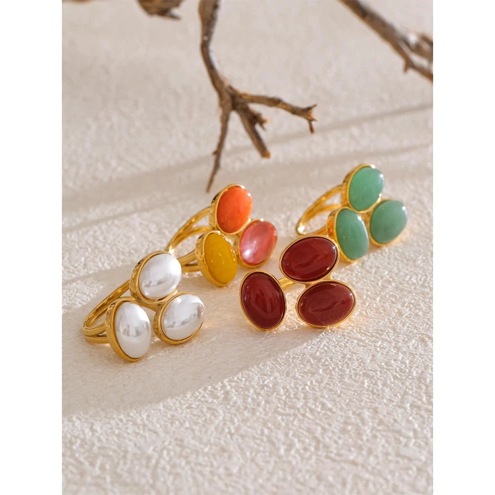 Natural Aventurine Agate Shell Pearl Flower Adjustable Stainless Steel Ring by PoisedMe