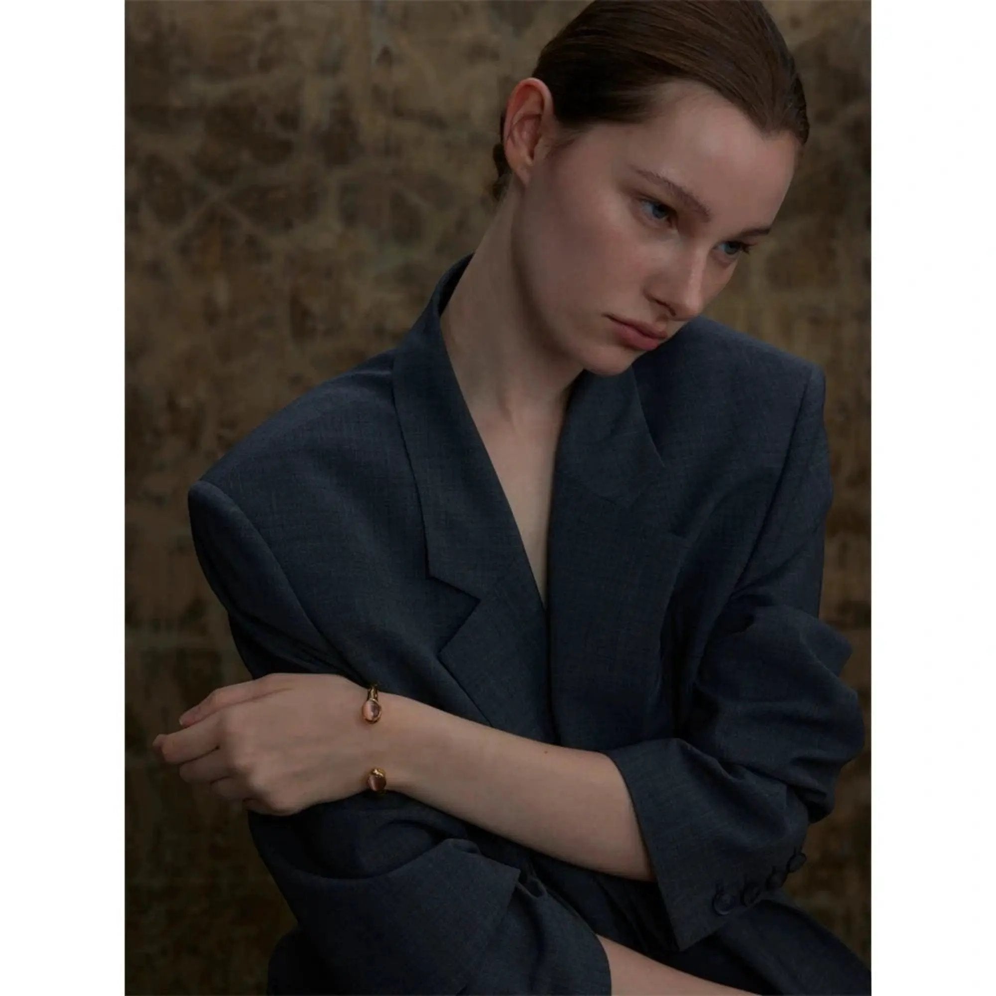 PoisedMe 62mm Stainless Steel Natural Stone Water Resistant Golden Open Cuff Bracelet - Bracelets