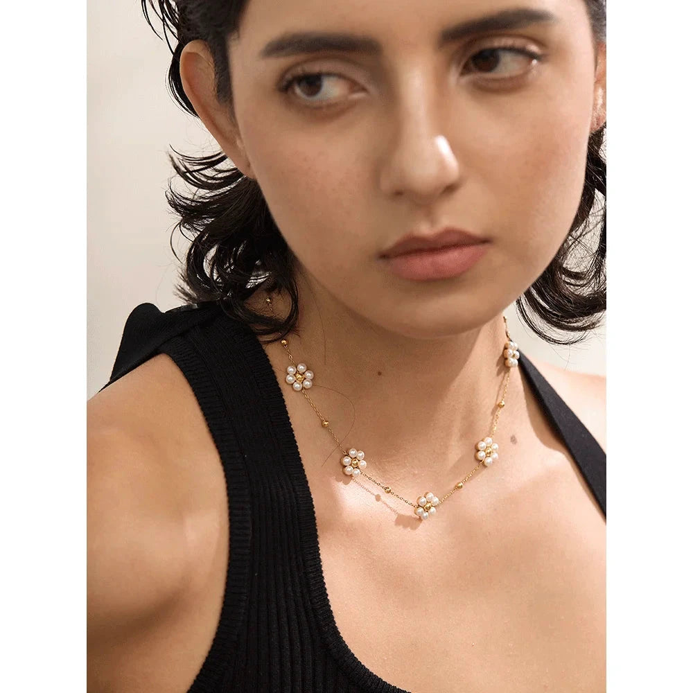 Fashion Imitation Pearls Handmade Flower Beads Chain Necklace Women 18K Gold Color PVD Stainless Steel Jewelry Waterproof by PoisedMe
