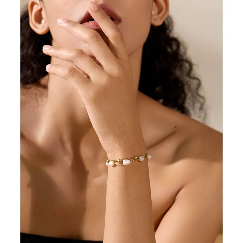 PoisedMe Natural Pearls Double Layer Chain Stainless Steel Charm Bracelet Bangle Women Stylish Summer Jewelry Waterproof -