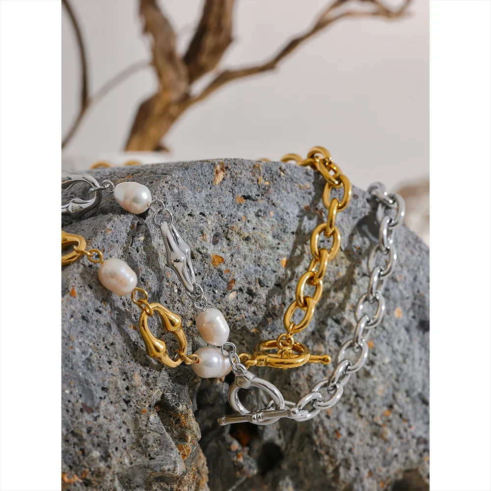 Freshwater Pearl & 18K Gold / Silver Chain Bracelet – Modern Sculptural Toggle Jewelry for Women by PoisedMe