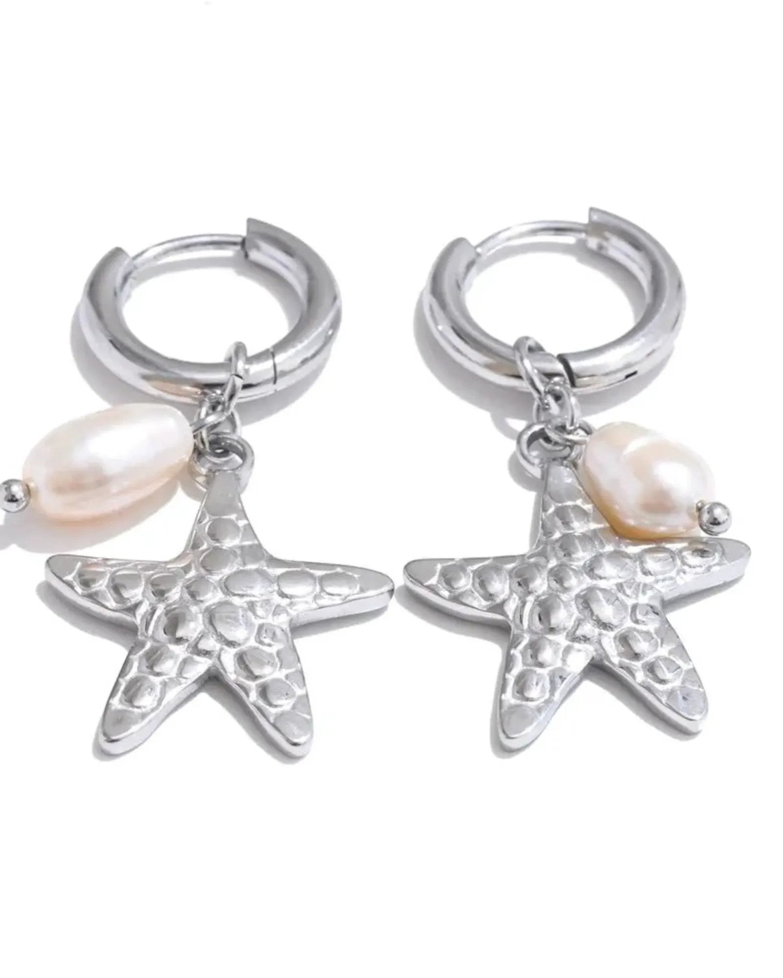 Ocean Style Natural Pearl Conch Shell Starfish Hoop 18K Plated PVD Stainless Steel Earrings Set For Women by Poised Me Jewelry Studio