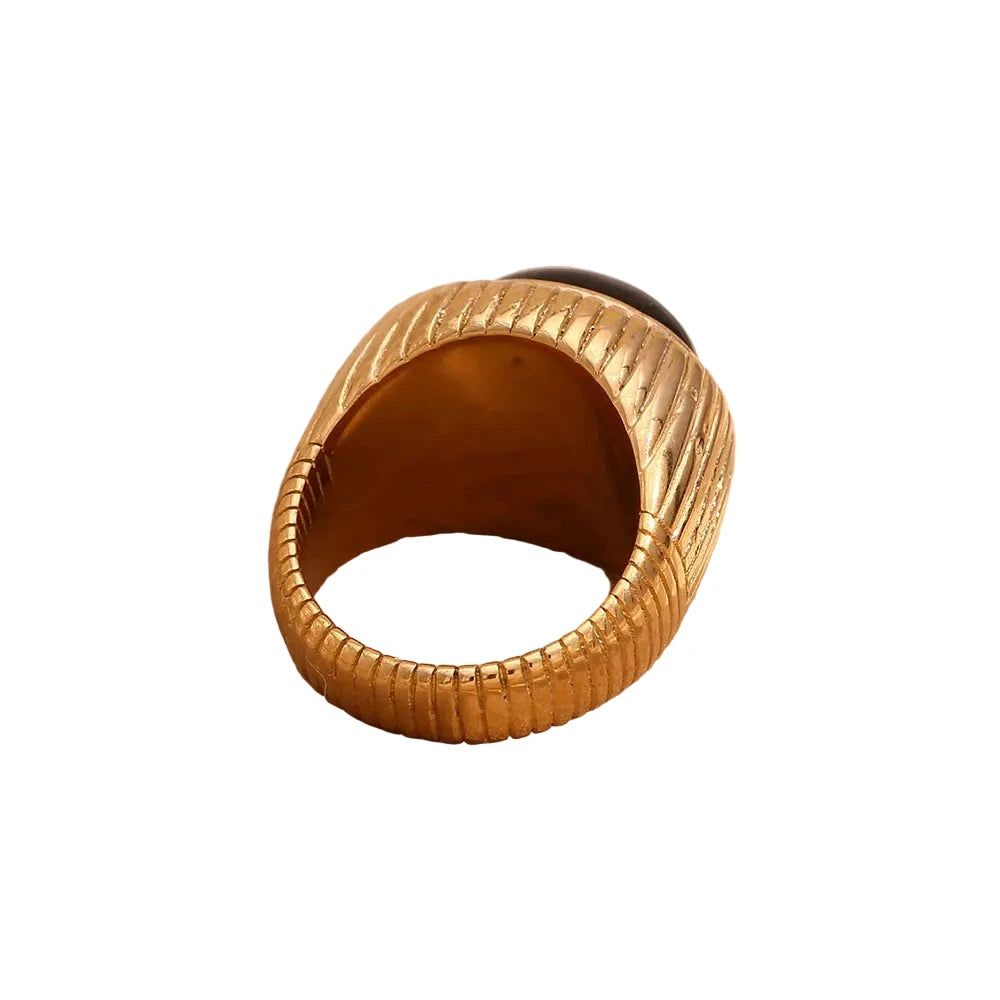 Vintage Oval Black Agate Stripes Rings Stainless Steel 18K Gold Plated Ring Woman Jewelry Women Finger Decoration by PoisedMe