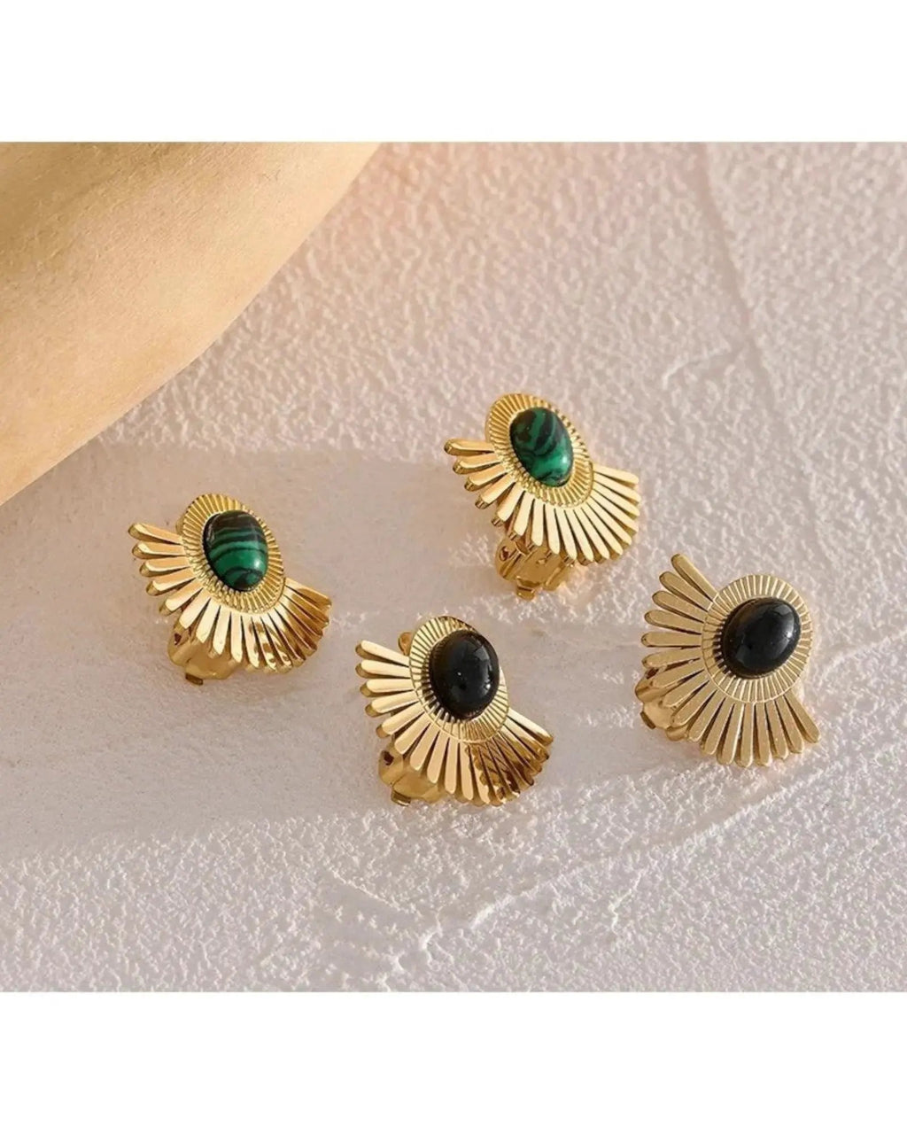 Gold Tone Sunburst Clip Earrings With Green Malachite Stone Statement Jewelry by Poised Me Jewelry Studio