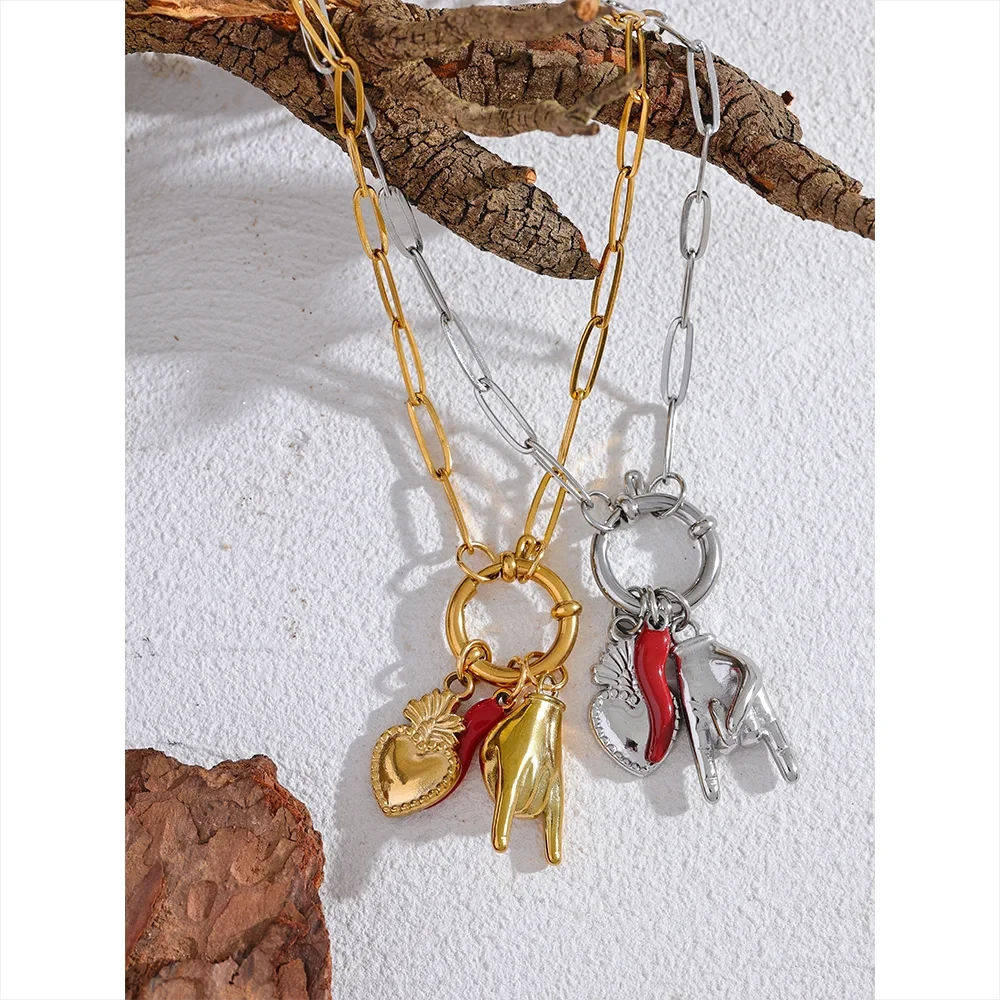 316L Stainless Steel Palm Red Chili Heart Charm Pendant Necklace For Women by PoisedMe