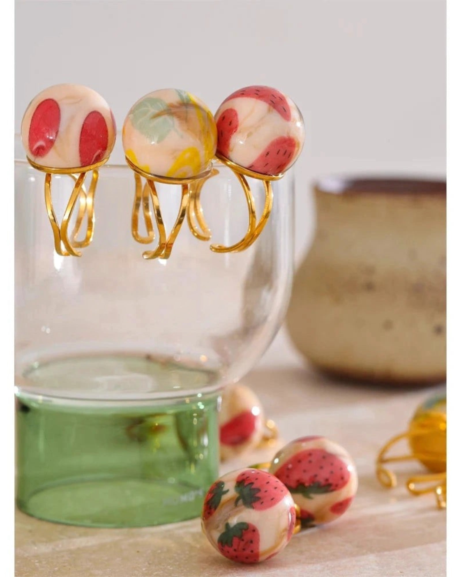 Candy Enamel Round Strawberry Pineapple Cherry Open Ring Adjustable 18k Gold PVD Plated Stainless Steel by Poised Me Jewelry Studio