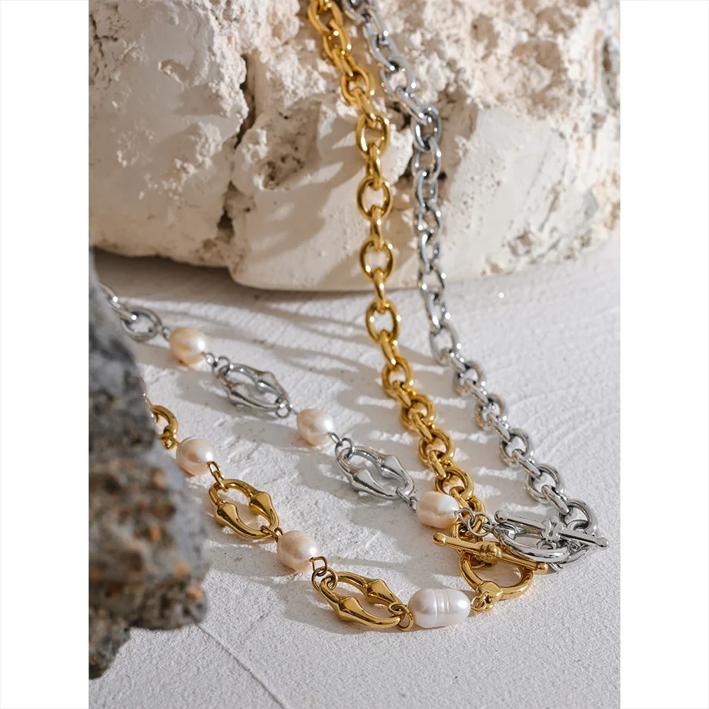 Freshwater Pearl & 18K Gold / Silver Chain Bracelet – Modern Sculptural Toggle Jewelry for Women by PoisedMe