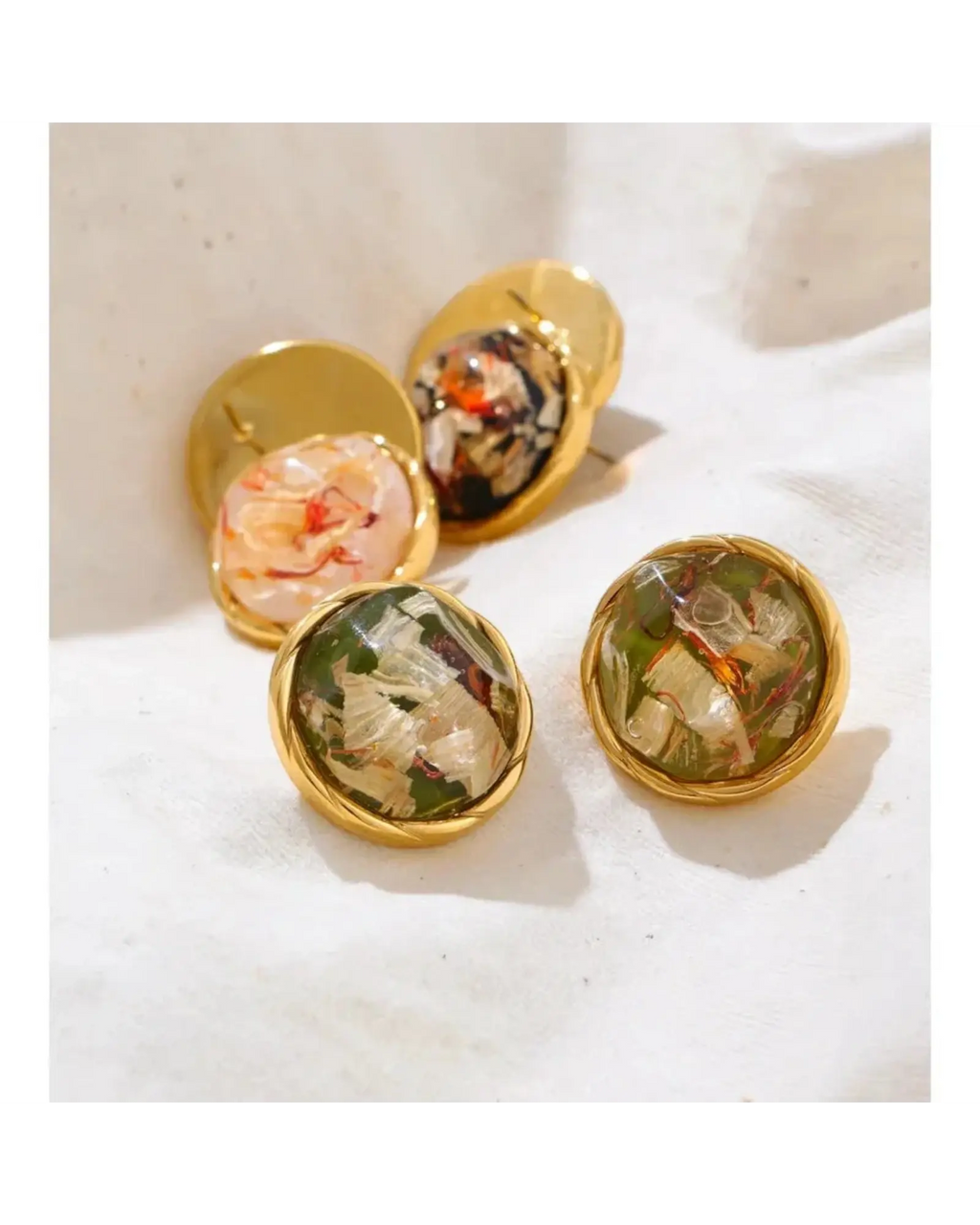 Resin Round Stud Earrings 18K Gold PVD Plated Stainless Steel Waterproof by Poised Me Jewelry Studio