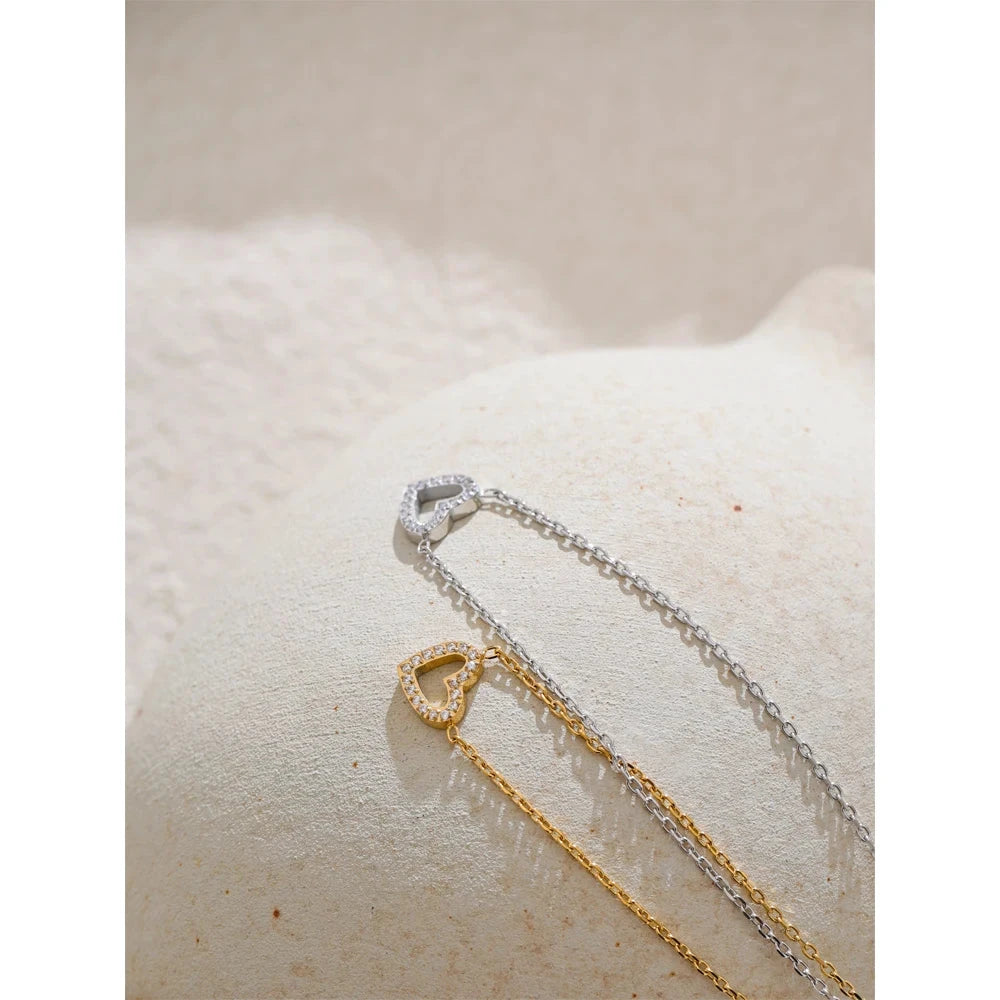 Korean Style Cubic Zirconia Hollow Heart Necklace Pendant Valentines Gift by PoisedMe