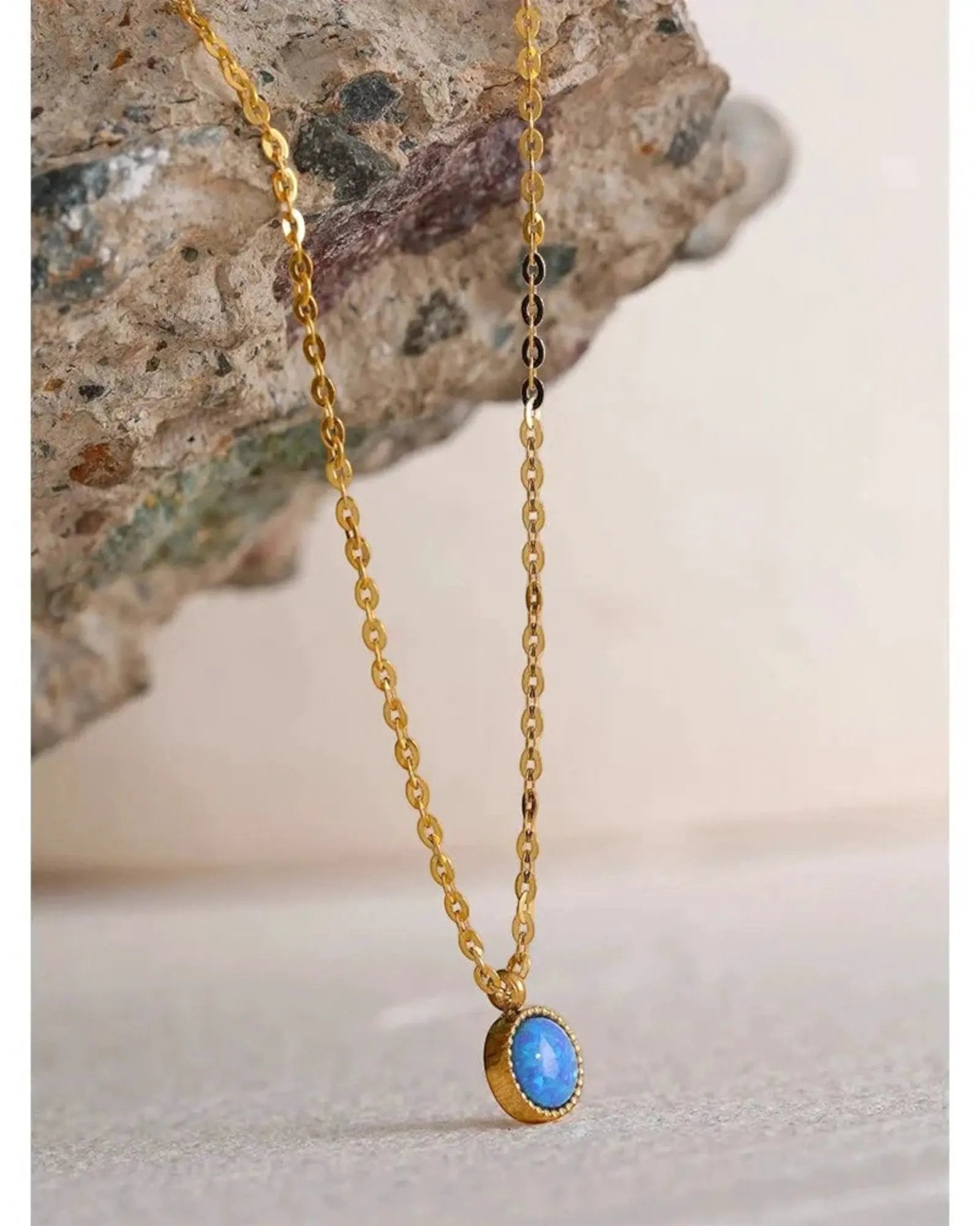 Blue Opal Natural Stone 18K Gold PVD Plated Stainless Steel Pendant Necklace For Women by Poised Me Jewelry Studio