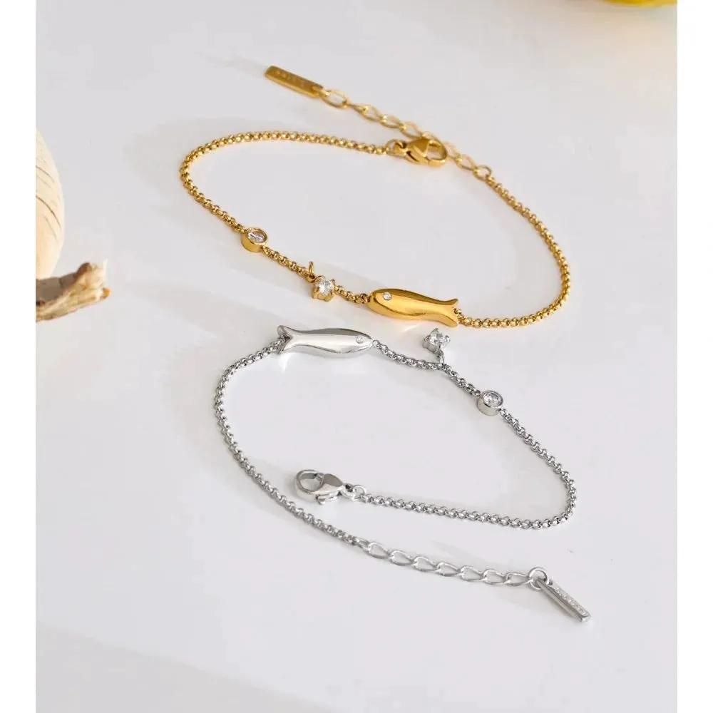 Minimalist Fish Chain Zirconia Bracelet Waterproof PVD Plated Stainless Steel by Poised Me Jewelry Studio