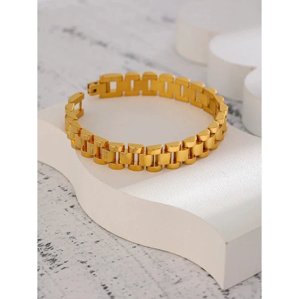 Chain Bracelet Simple 18K Plated Stainless Steel Heavy Metal Texture Fashion Jewelry Men Bijoux Femme Party Waterproof by PoisedMe