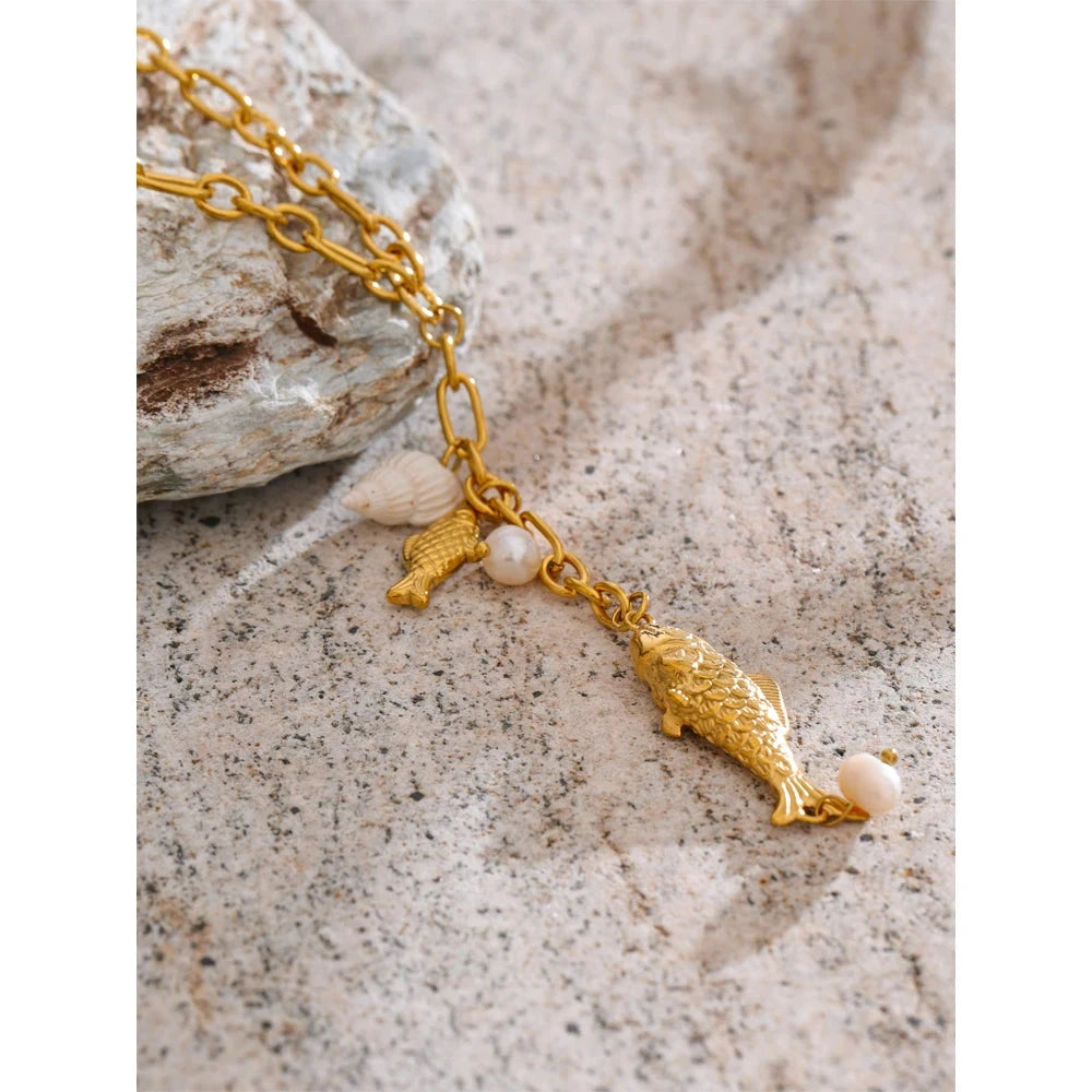 Yhpup Natural Pearls Shell Fish Pendant Chain Necklace 18K Golden PVD Plated Fashion Stainless Steel Charm Waterproof Jewelry by PoisedMe