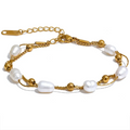 PoisedMe Natural Pearls Double Layer Chain Stainless Steel Charm Bracelet Bangle Women Stylish Summer Jewelry Waterproof -