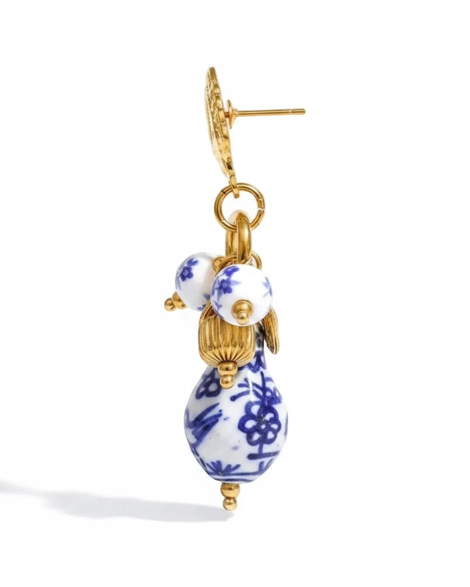 Blue And White Ceramic Flower Heart Drop 18K Gold PVD Plated Stainless Steel Earrings With Gold Charms by Poised Me Jewelry Studio