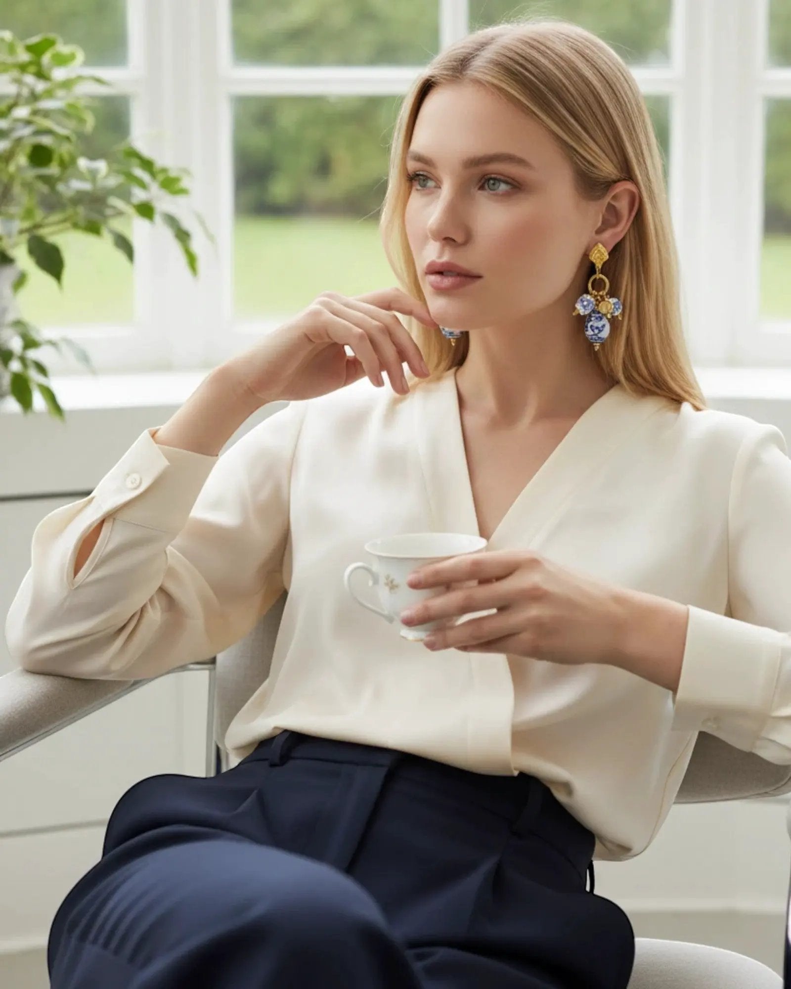 Blue And White Ceramic Flower Heart Drop 18K Gold PVD Plated Stainless Steel Earrings With Gold Charms by Poised Me Jewelry Studio