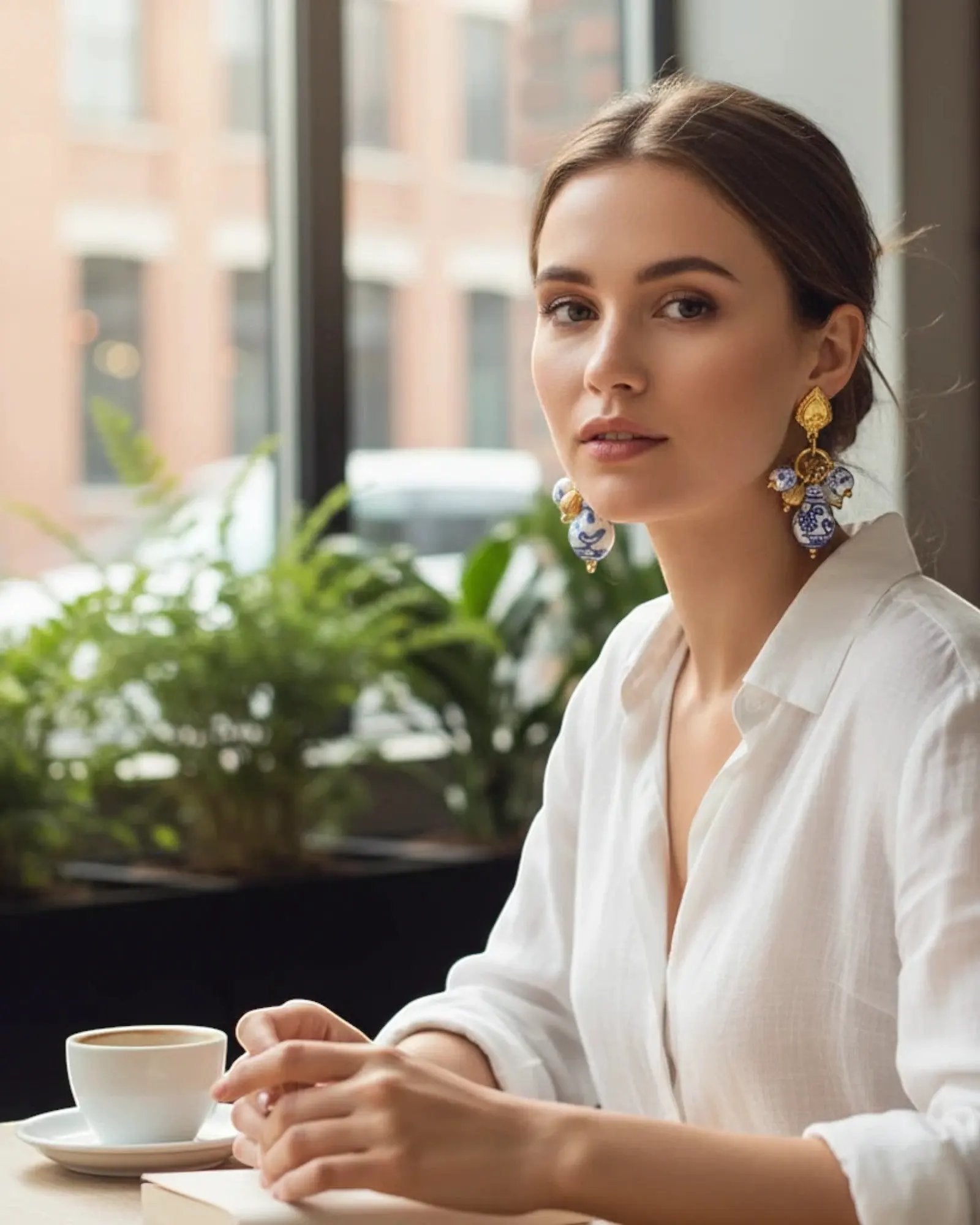 Blue And White Ceramic Flower Heart Drop 18K Gold PVD Plated Stainless Steel Earrings With Gold Charms by Poised Me Jewelry Studio