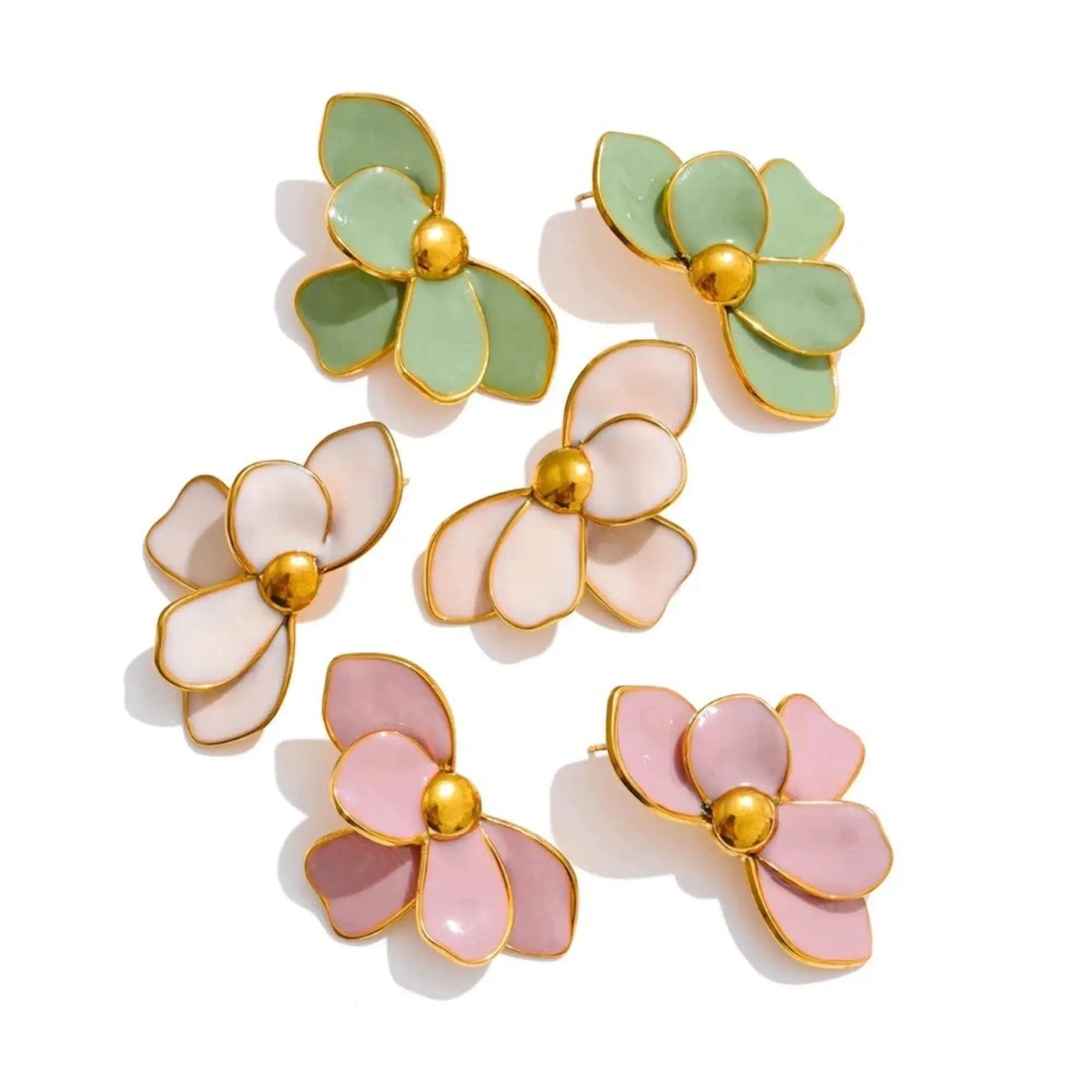 PoisedMe White Enamel Flower Stud Earrings With Gold Trim For Women - Earrings