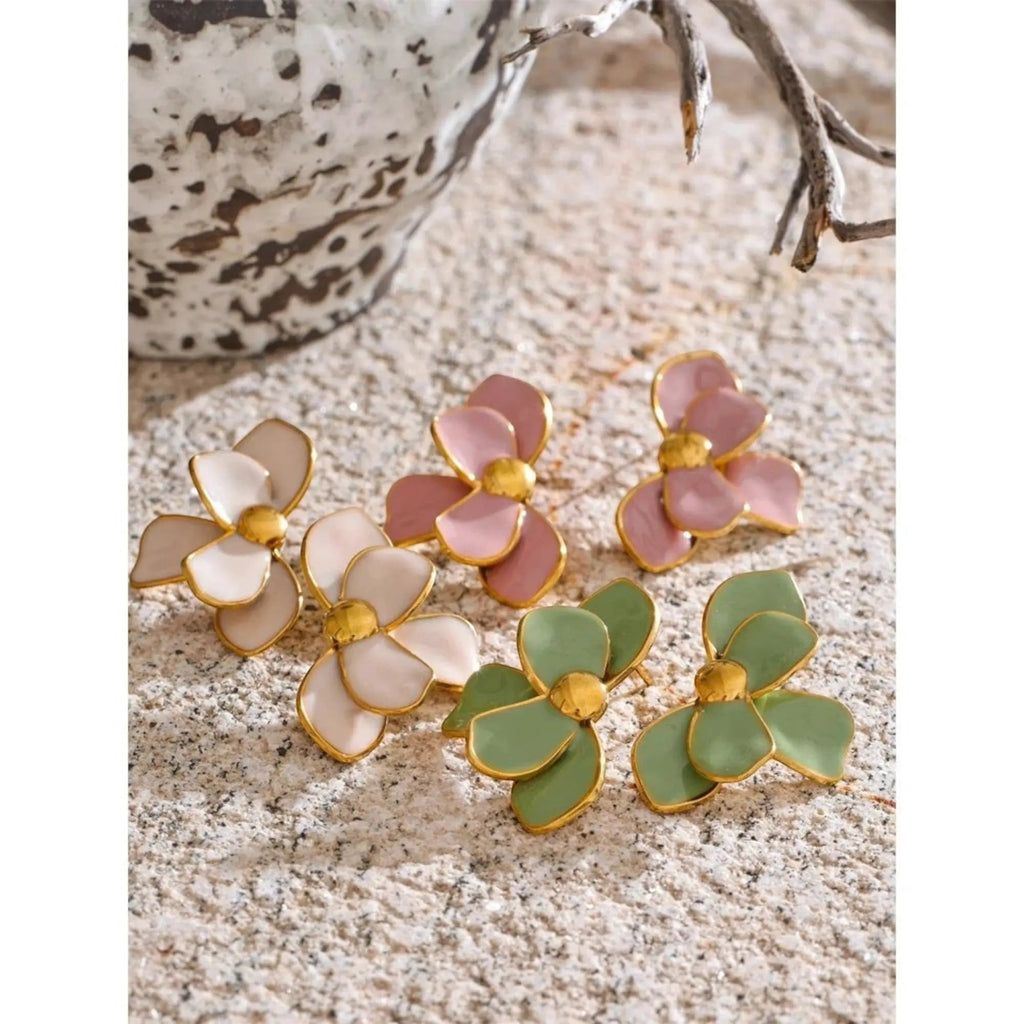PoisedMe White Enamel Flower Stud Earrings With Gold Trim For Women - Earrings