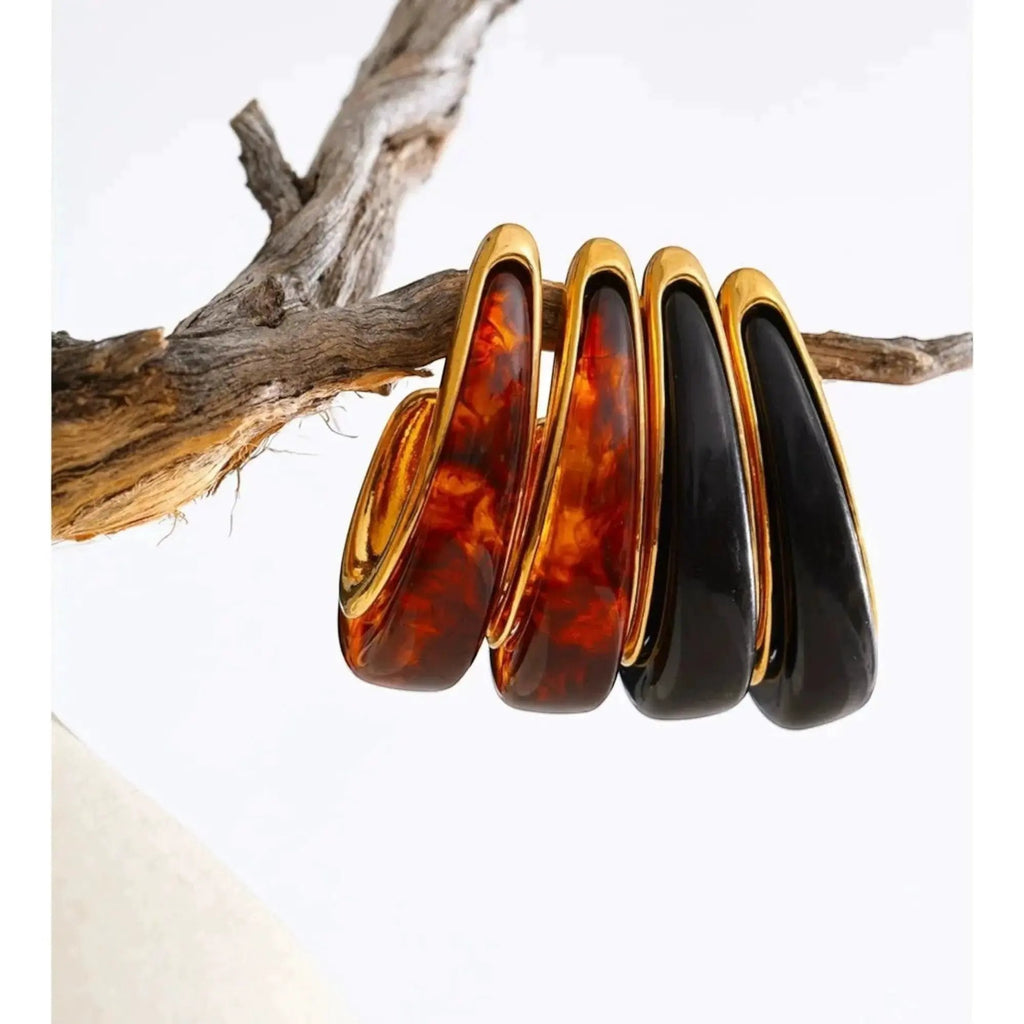 PoisedMe Red Black Resin Geometric Gold Plated Hoop Earrings Stainless Steel - Earrings