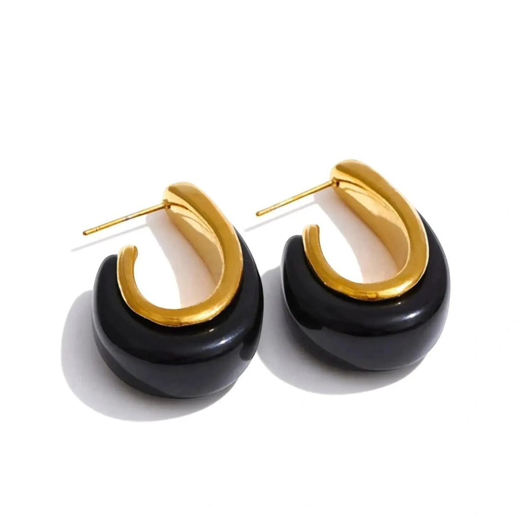 PoisedMe Red Black Resin Geometric Gold Plated Hoop Earrings Stainless Steel - Earrings