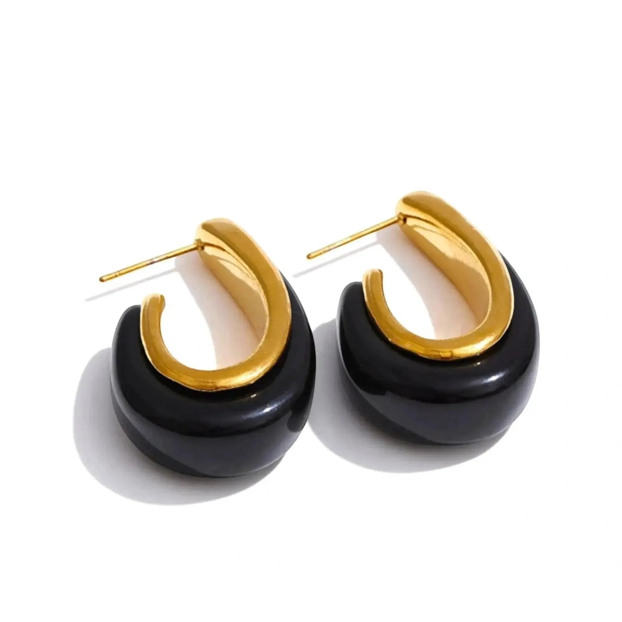 PoisedMe Red Black Resin Geometric Gold Plated Hoop Earrings Stainless Steel - Earrings