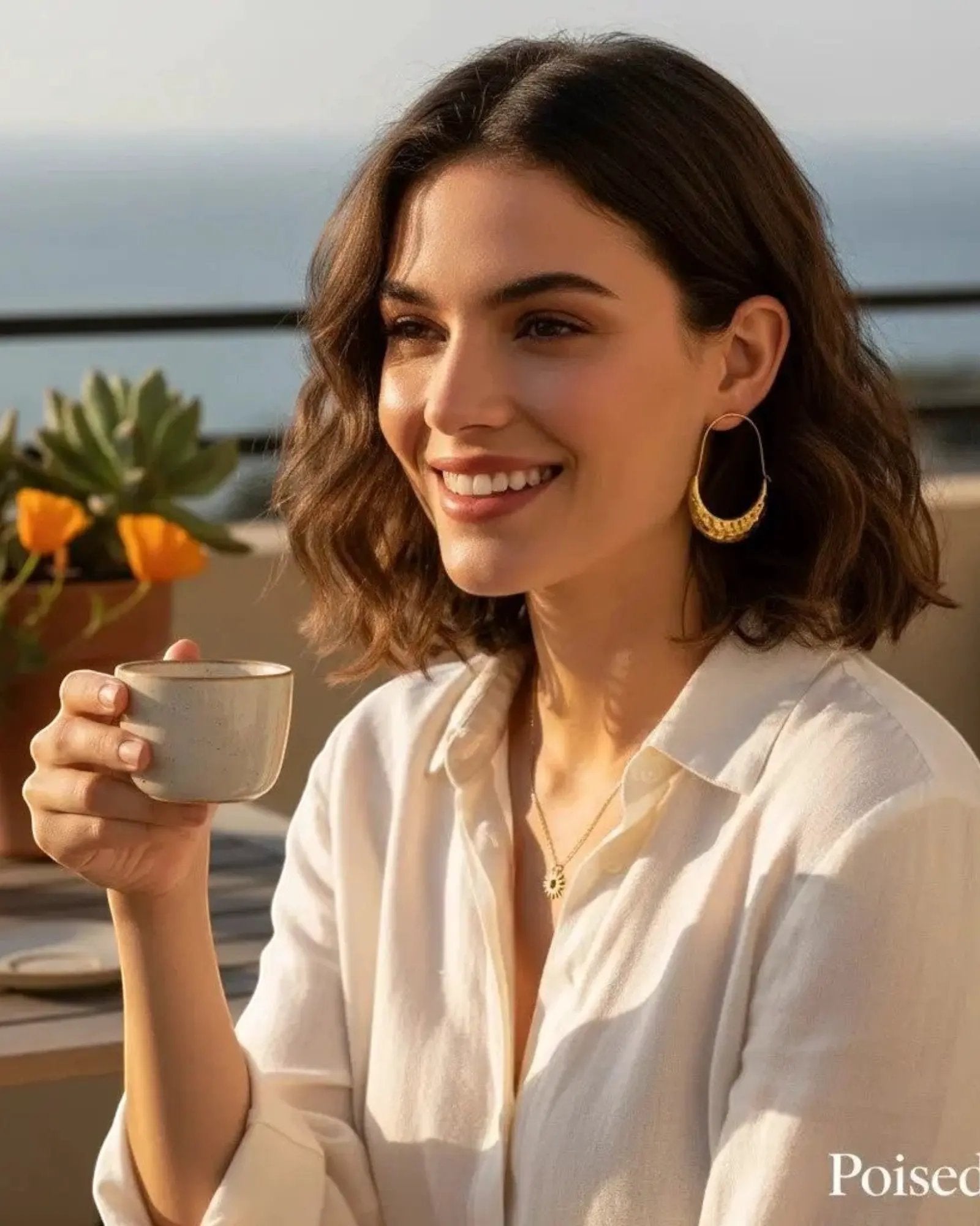 Golden Drop Hoop 18K Gold PVD Plated Stainless Steel Earrings Tarnish Free Minimalist Jewelry by Poised Me Jewelry Studio