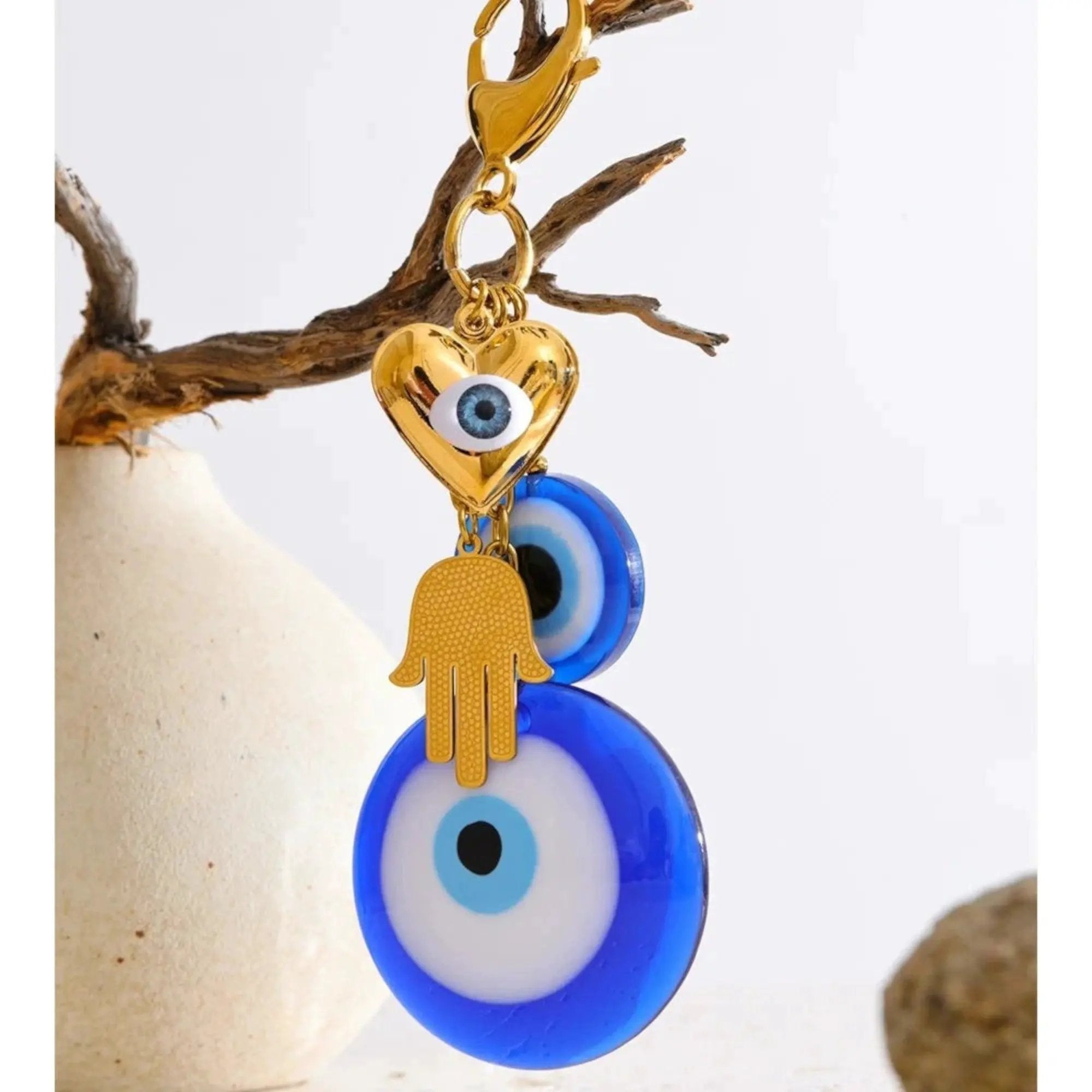PoisedMe Blue Evil Eye Palm Hand Charm Keychain 18K Gold Plated Stainless Steel - Keychains
