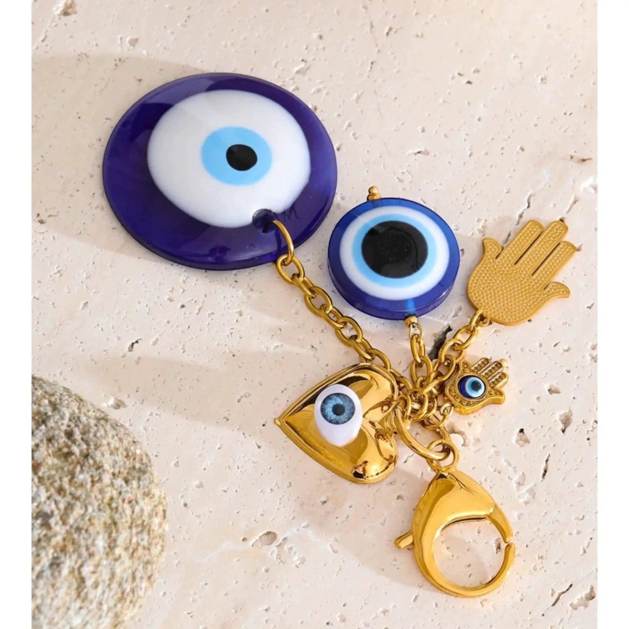 PoisedMe Blue Evil Eye Palm Hand Charm Keychain 18K Gold Plated Stainless Steel - Keychains