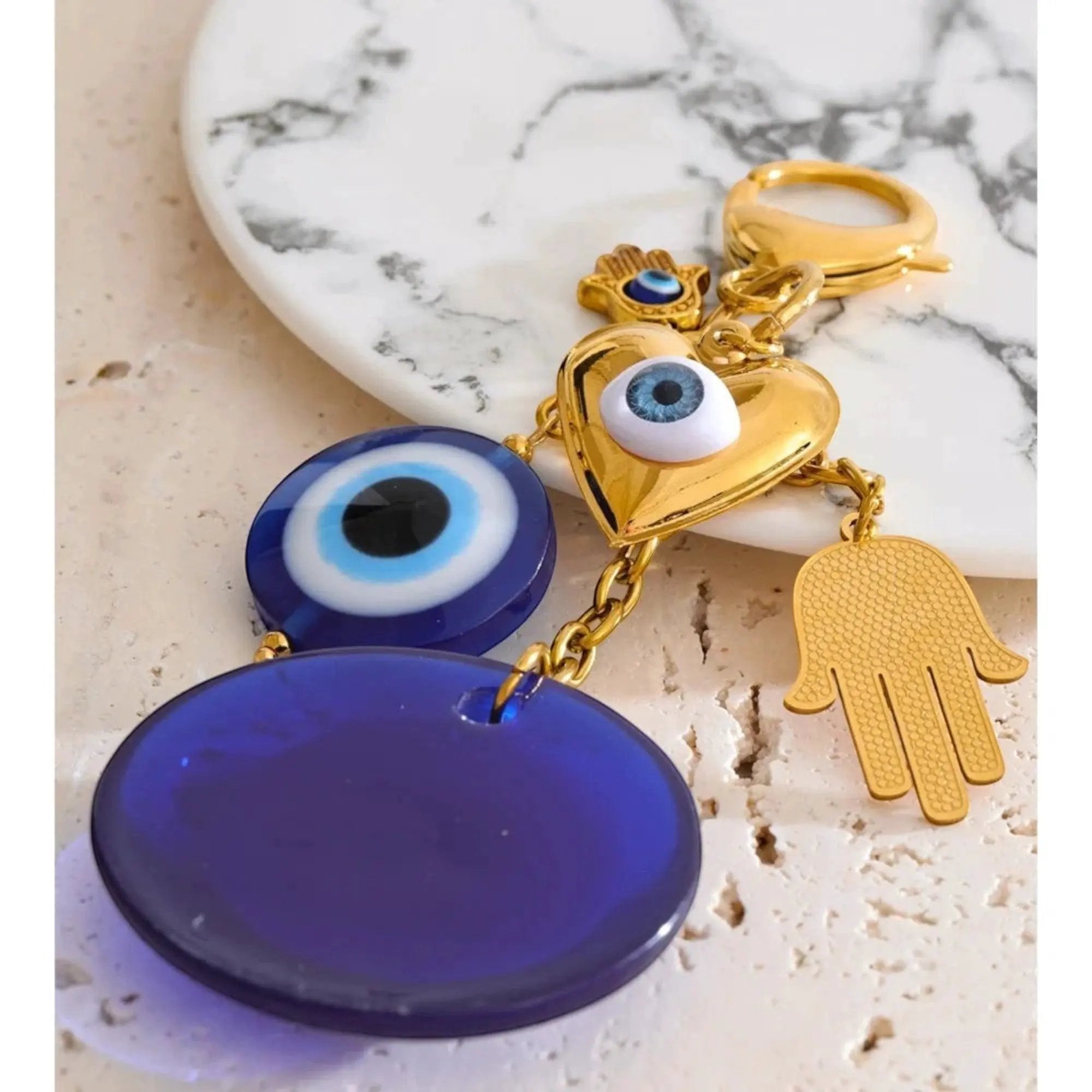 PoisedMe Blue Evil Eye Palm Hand Charm Keychain 18K Gold Plated Stainless Steel - Keychains