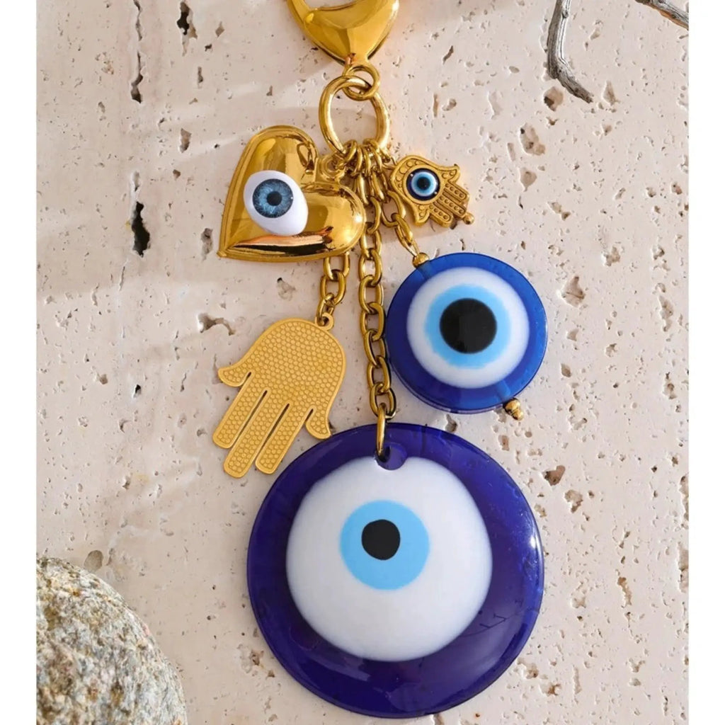 PoisedMe Blue Evil Eye Palm Hand Charm Keychain 18K Gold Plated Stainless Steel - Keychains