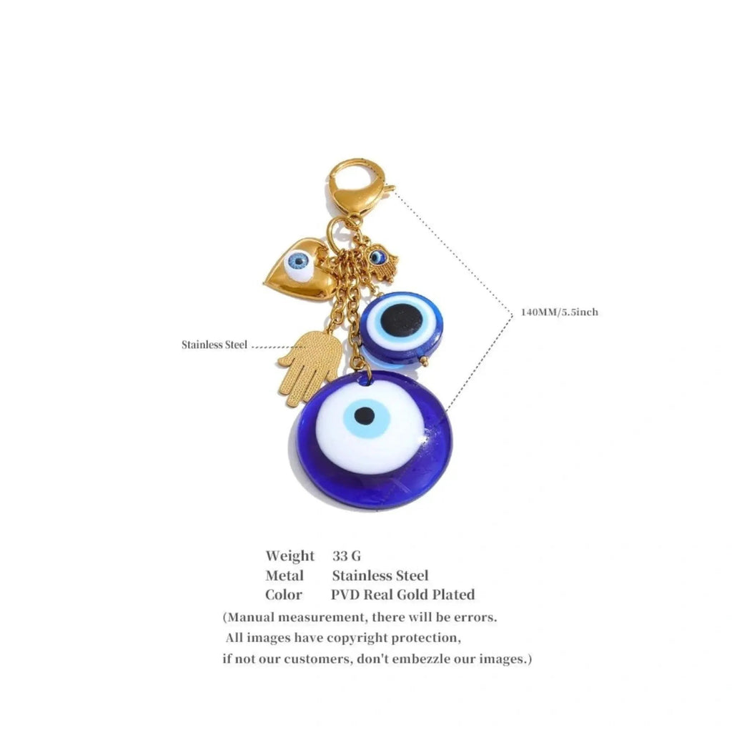 PoisedMe Blue Evil Eye Palm Hand Charm Keychain 18K Gold Plated Stainless Steel - Keychains