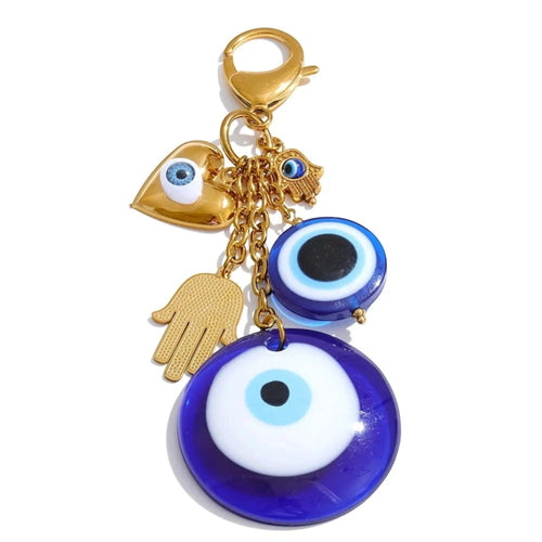 PoisedMe Blue Evil Eye Palm Hand Charm Keychain 18K Gold Plated Stainless Steel - Keychains