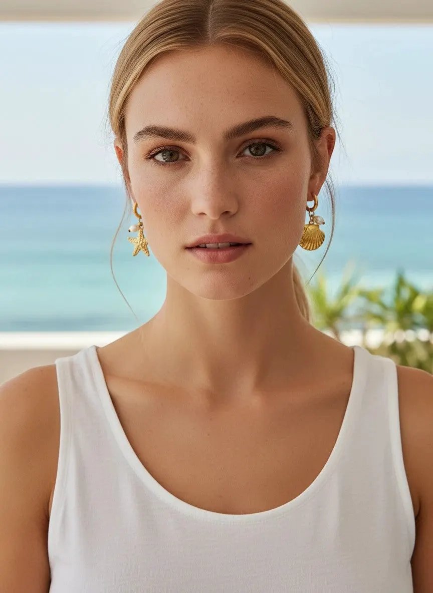 Ocean Style Natural Pearl Conch Shell Starfish Hoop 18K Plated PVD Stainless Steel Earrings Set For Women by Poised Me Jewelry Studio