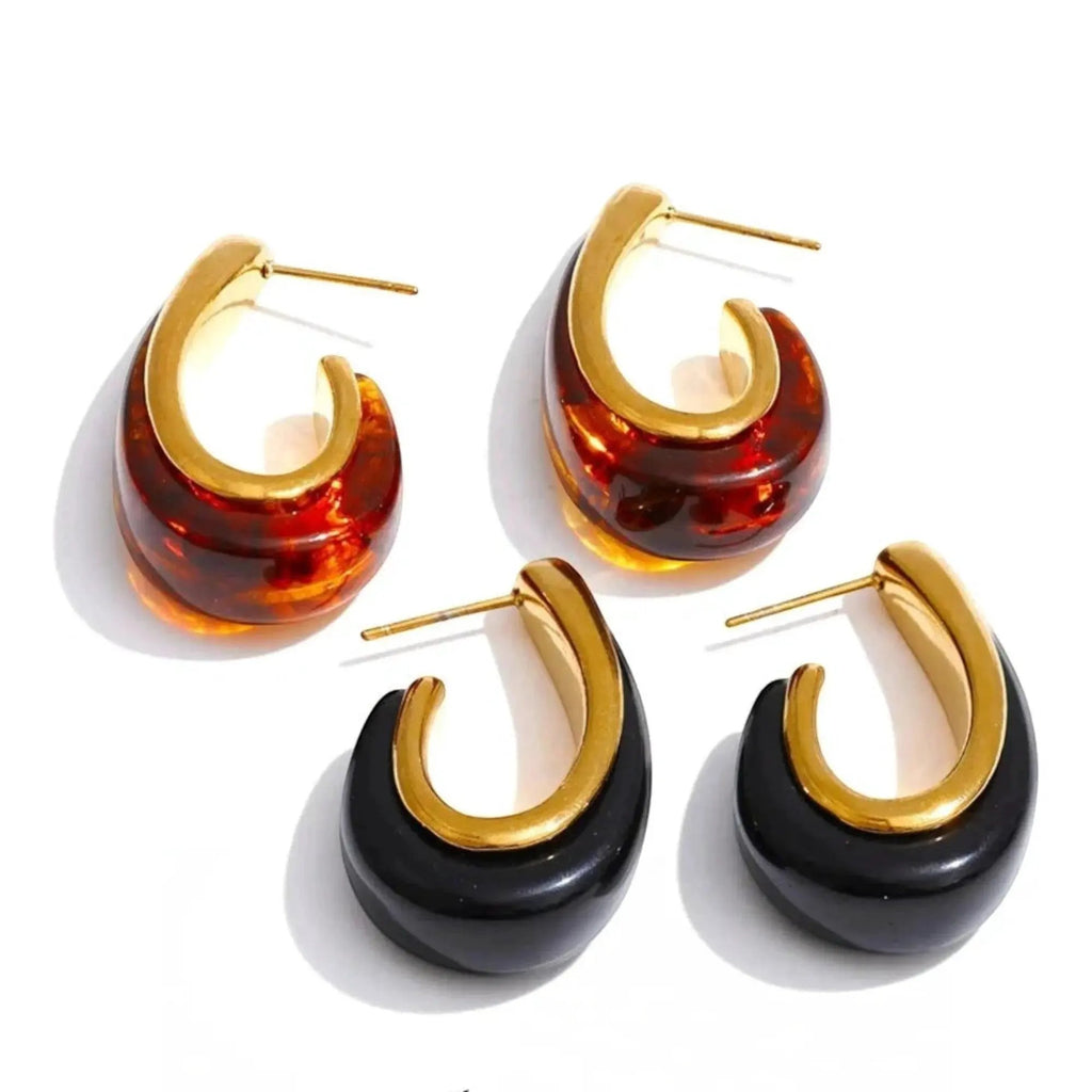 PoisedMe Red Black Resin Geometric Gold Plated Hoop Earrings Stainless Steel - Earrings