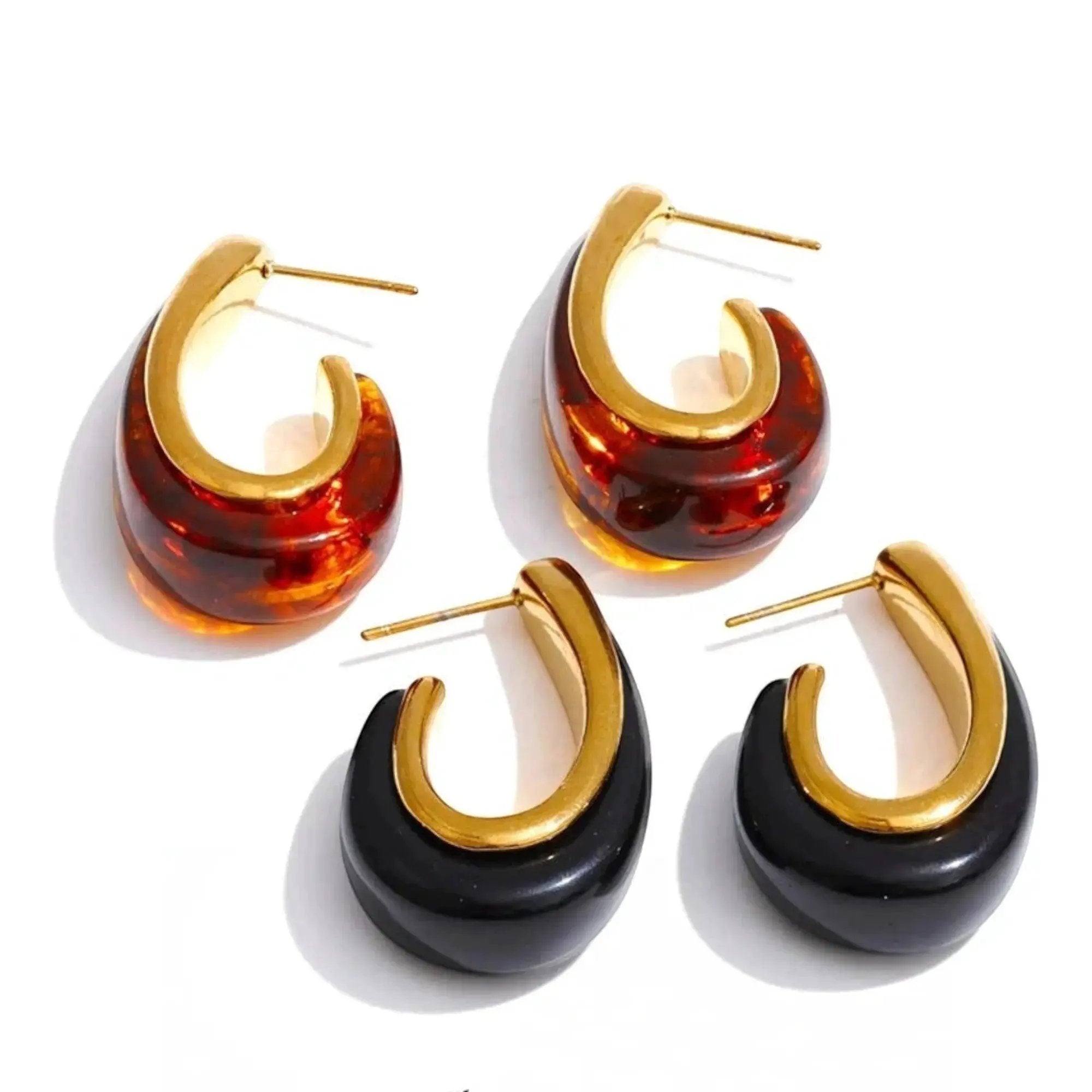 PoisedMe Red Black Resin Geometric Gold Plated Hoop Earrings Stainless Steel - Earrings