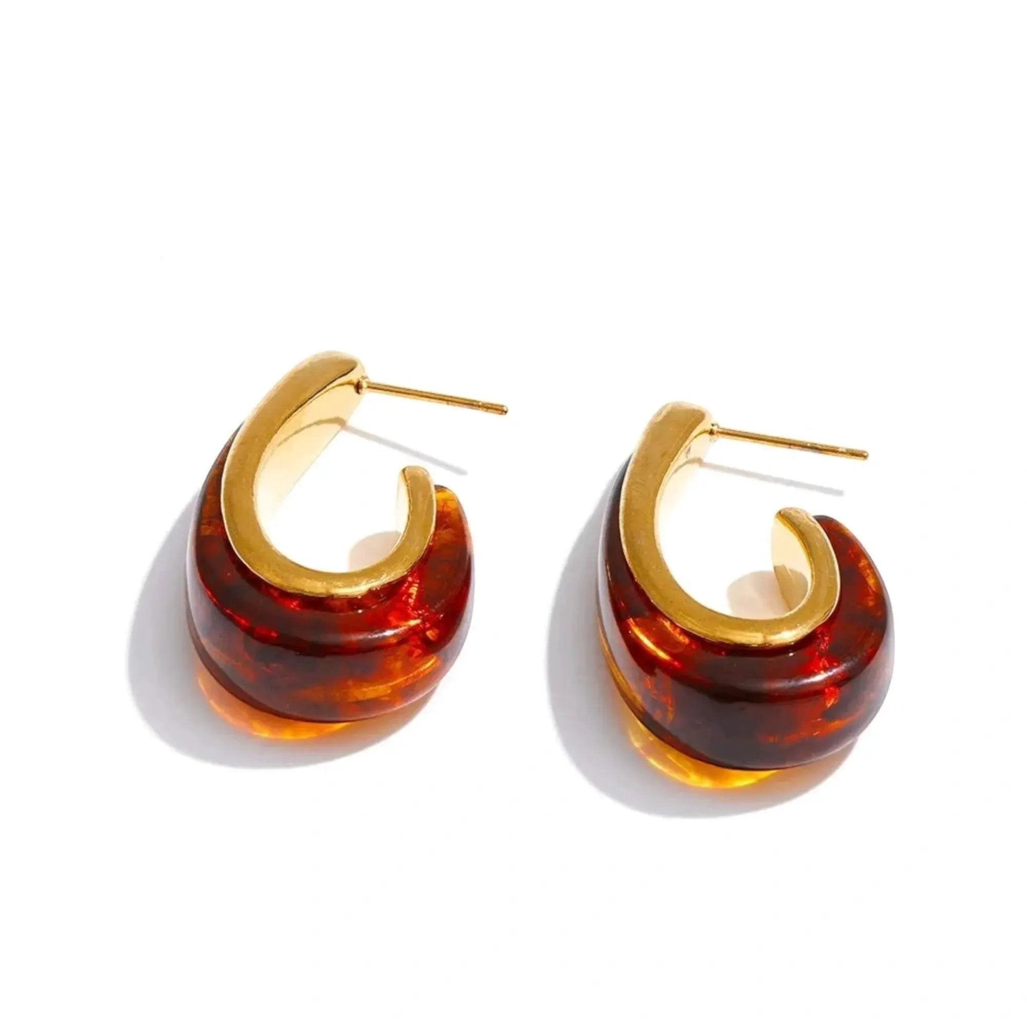 PoisedMe Red Black Resin Geometric Gold Plated Hoop Earrings Stainless Steel - Earrings