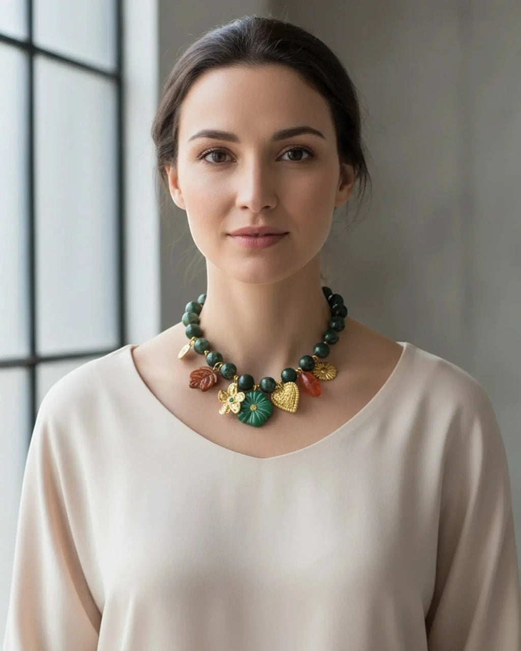 Green Acrylic Bead Necklace With Leaf Flower Heart Charms 18k Gold Plated PVD Stainless Steel by Poised Me Jewelry Studio