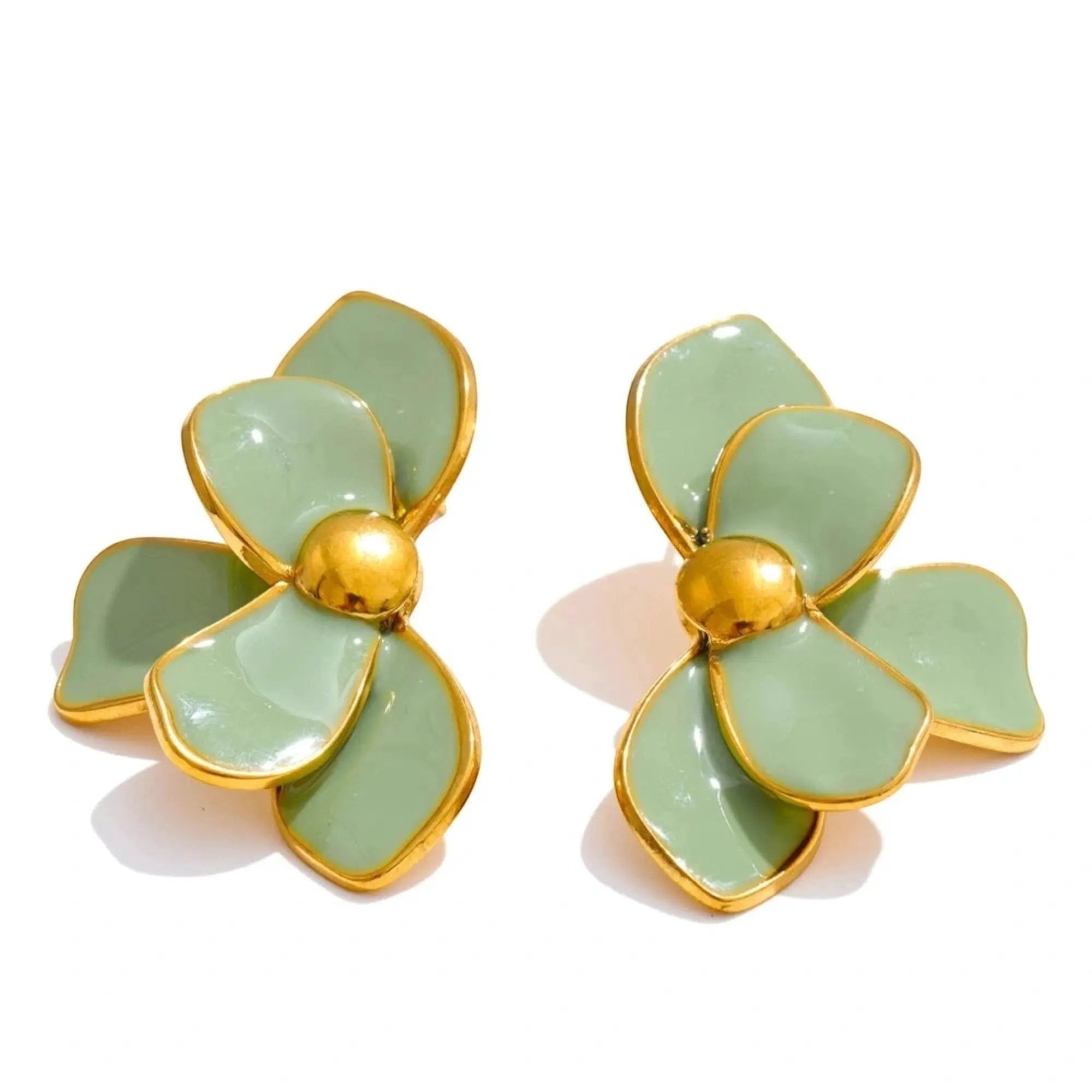 PoisedMe White Enamel Flower Stud Earrings With Gold Trim For Women - Earrings