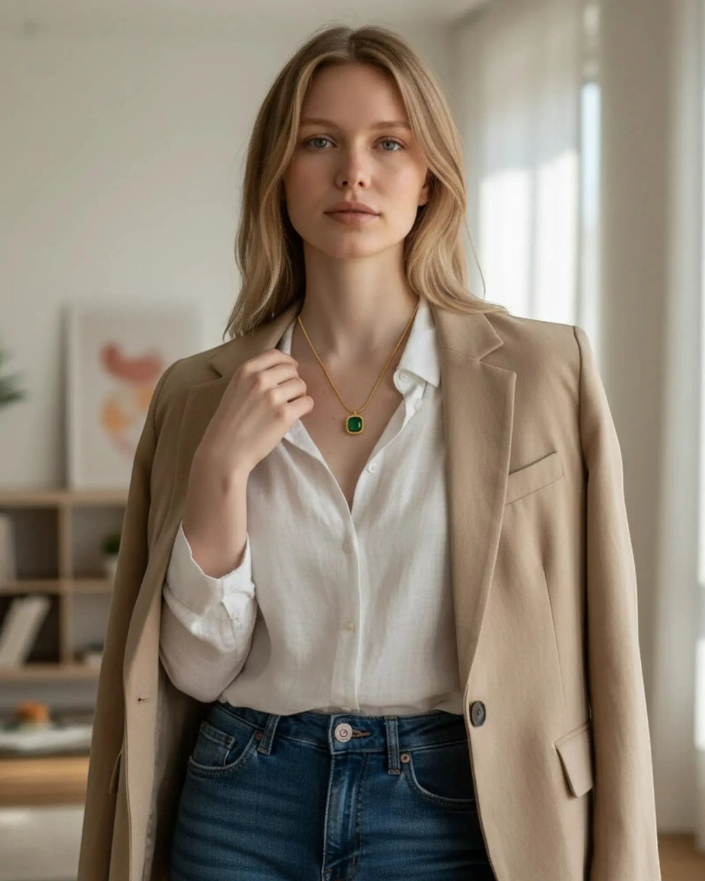 Green Opal Square Pendant Necklace — Minimalist 18k Gold Plated PVD Stainless Steel by Poised Me Jewelry Studio