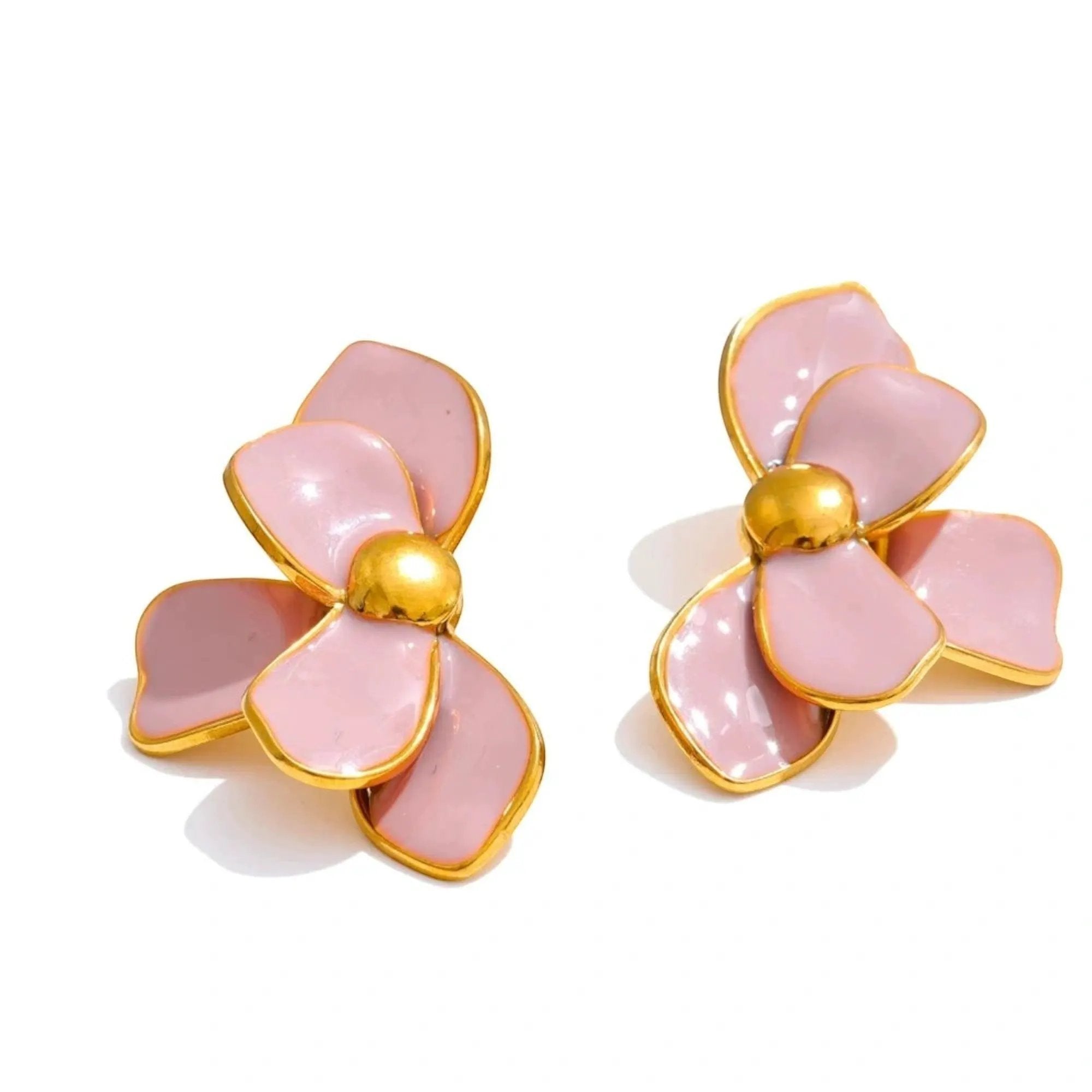 PoisedMe White Enamel Flower Stud Earrings With Gold Trim For Women - Earrings