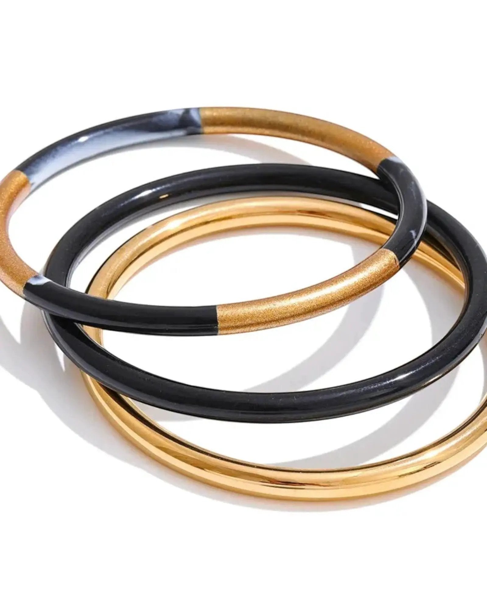 Three Circle Resin Overlay Bracelets Set 18k PVD Plated Stainless Steel 65mm by Poised Me Jewelry Studio