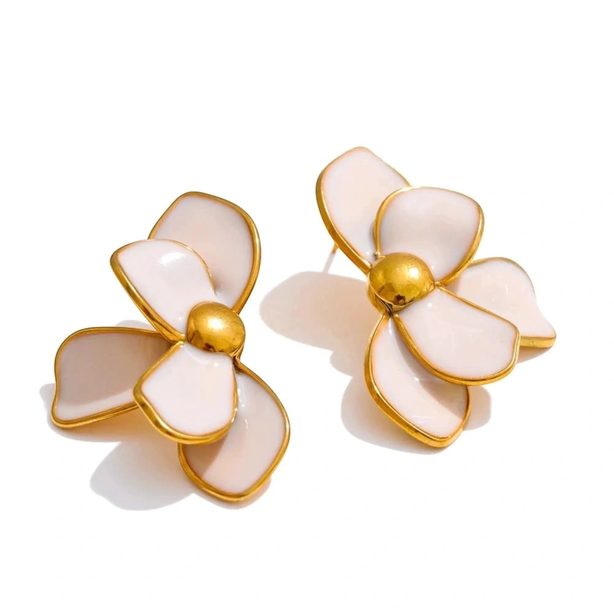 PoisedMe White Enamel Flower Stud Earrings With Gold Trim For Women - Earrings