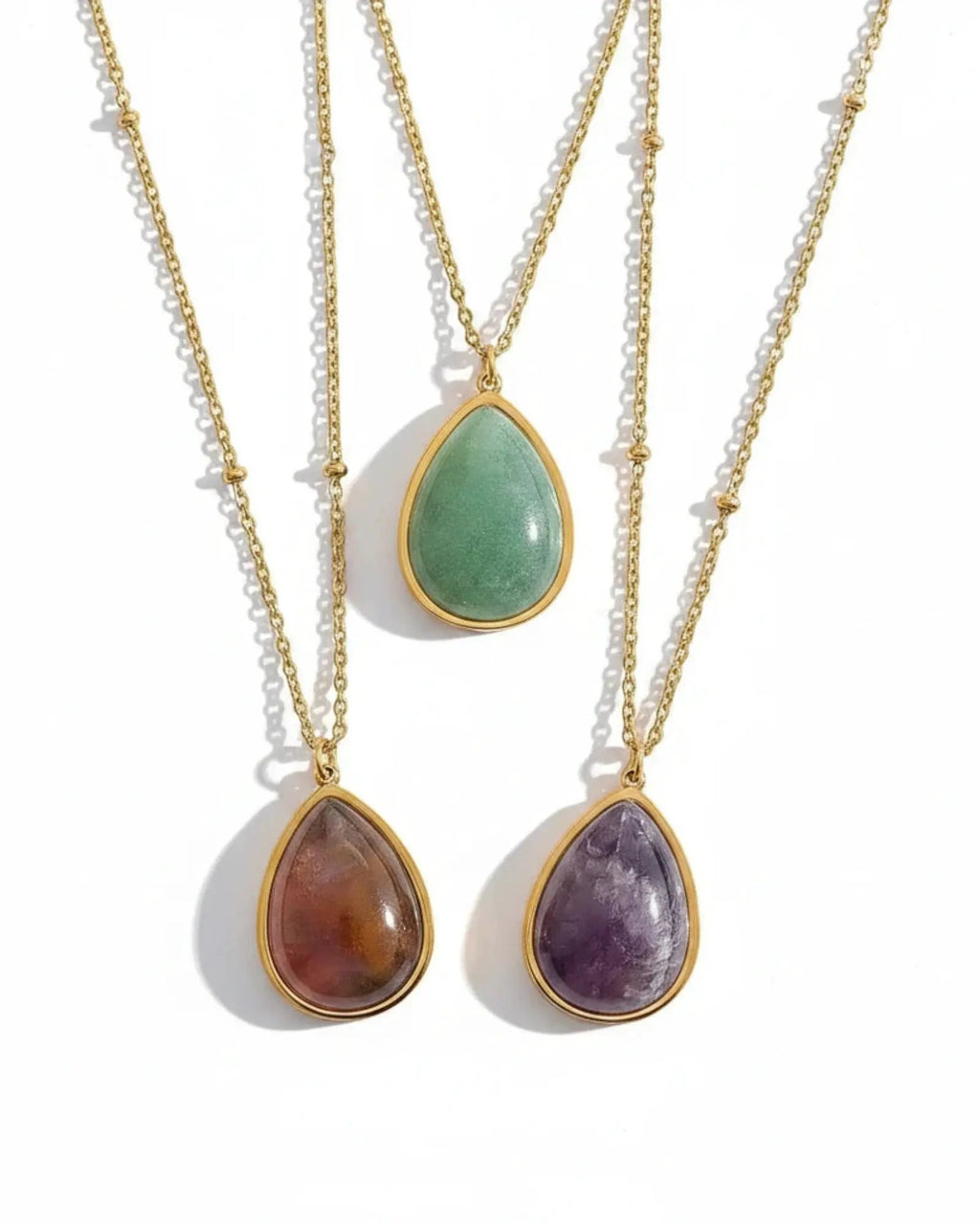 Amethyst Green Aventurine Water Drop 18K Gold PVD Plated Stainless Steel Necklace Pendant by Poised Me Jewelry Studio