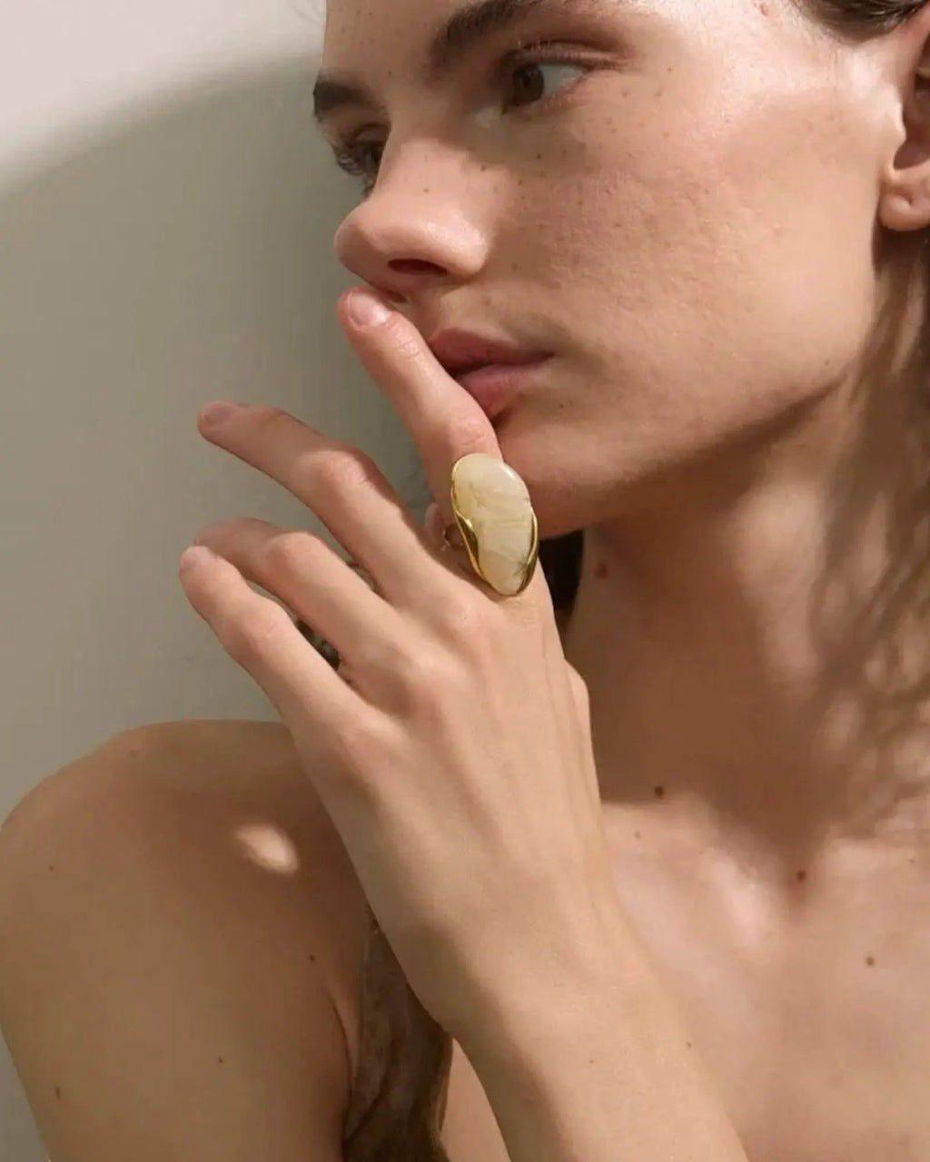 Brown Green Beige Resin Geometric Adjustable Ring 18K Gold PVD Stainless Steel by Poised Me Jewelry Studio