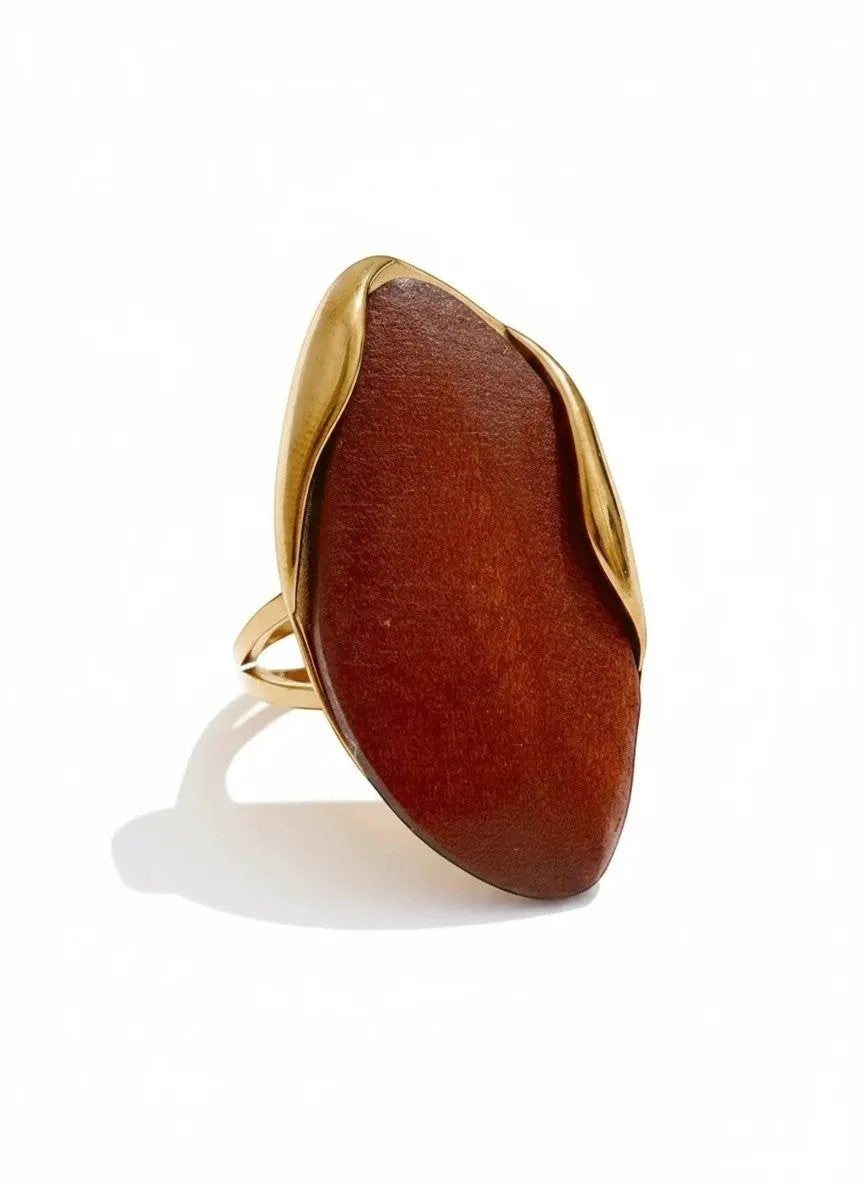 Brown Green Beige Resin Geometric Adjustable Ring 18K Gold PVD Stainless Steel by Poised Me Jewelry Studio