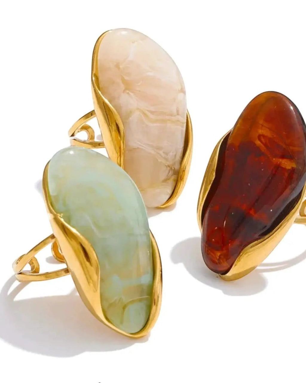 Brown Green Beige Resin Geometric Adjustable Ring 18K Gold PVD Stainless Steel by Poised Me Jewelry Studio