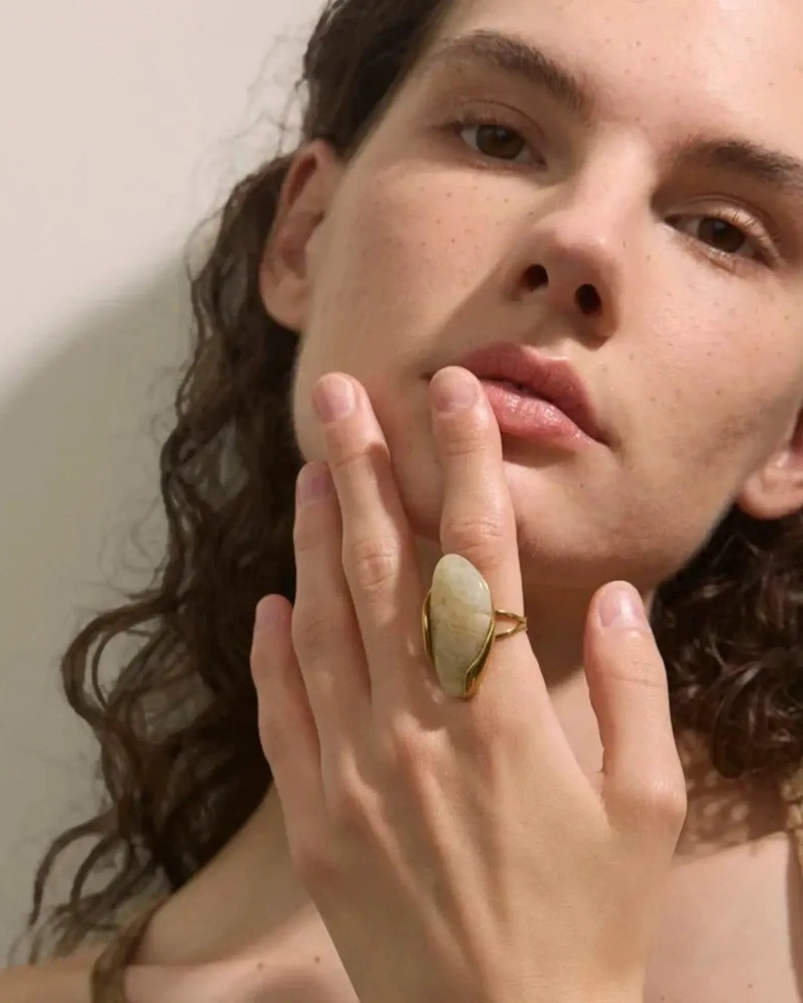 Brown Green Beige Resin Geometric Adjustable Ring 18K Gold PVD Stainless Steel by Poised Me Jewelry Studio